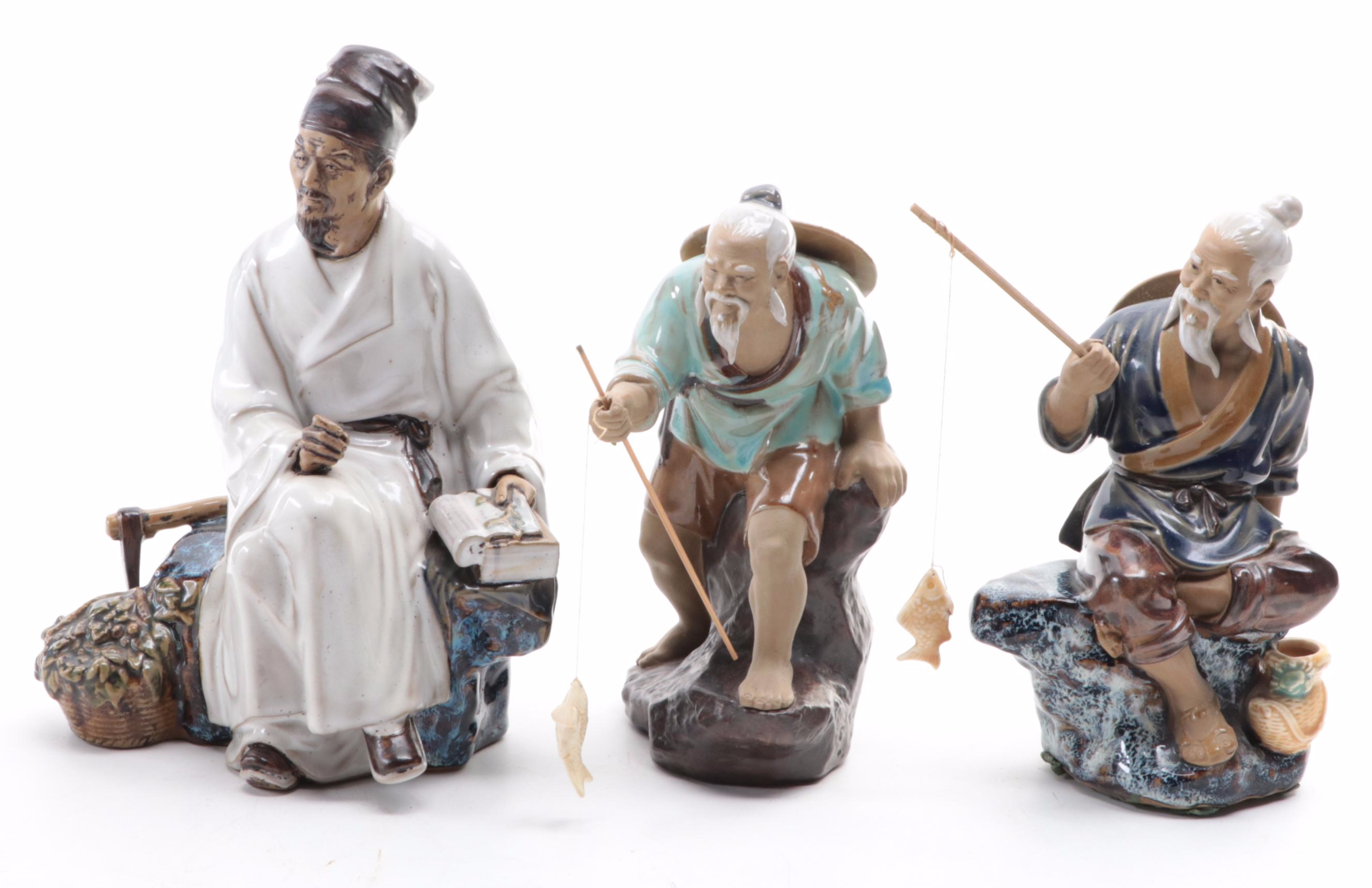 Chinese Shiwan Pottery Figurines of Fishermen and Scholar