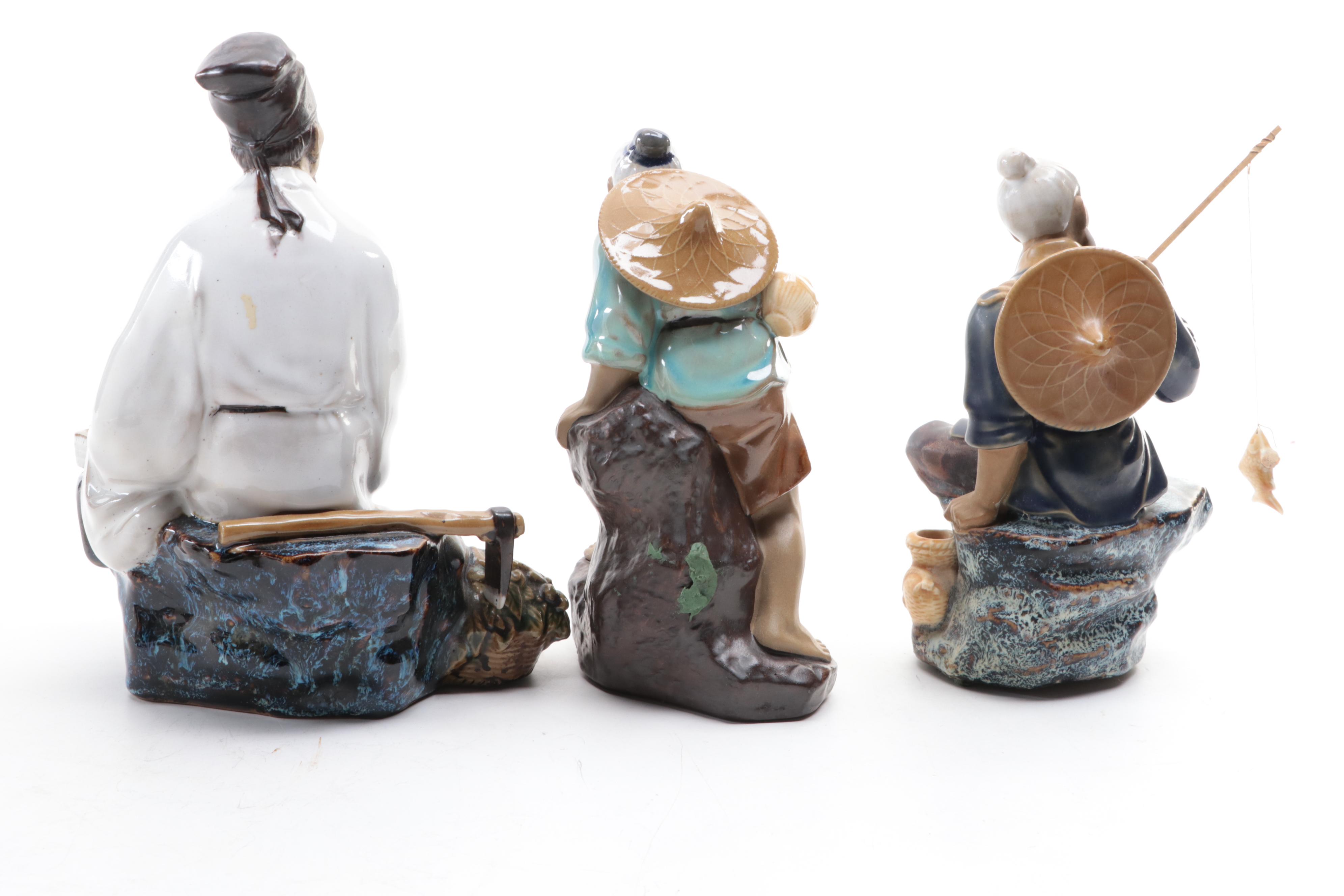 Chinese Shiwan Pottery Figurines of Fishermen and Scholar