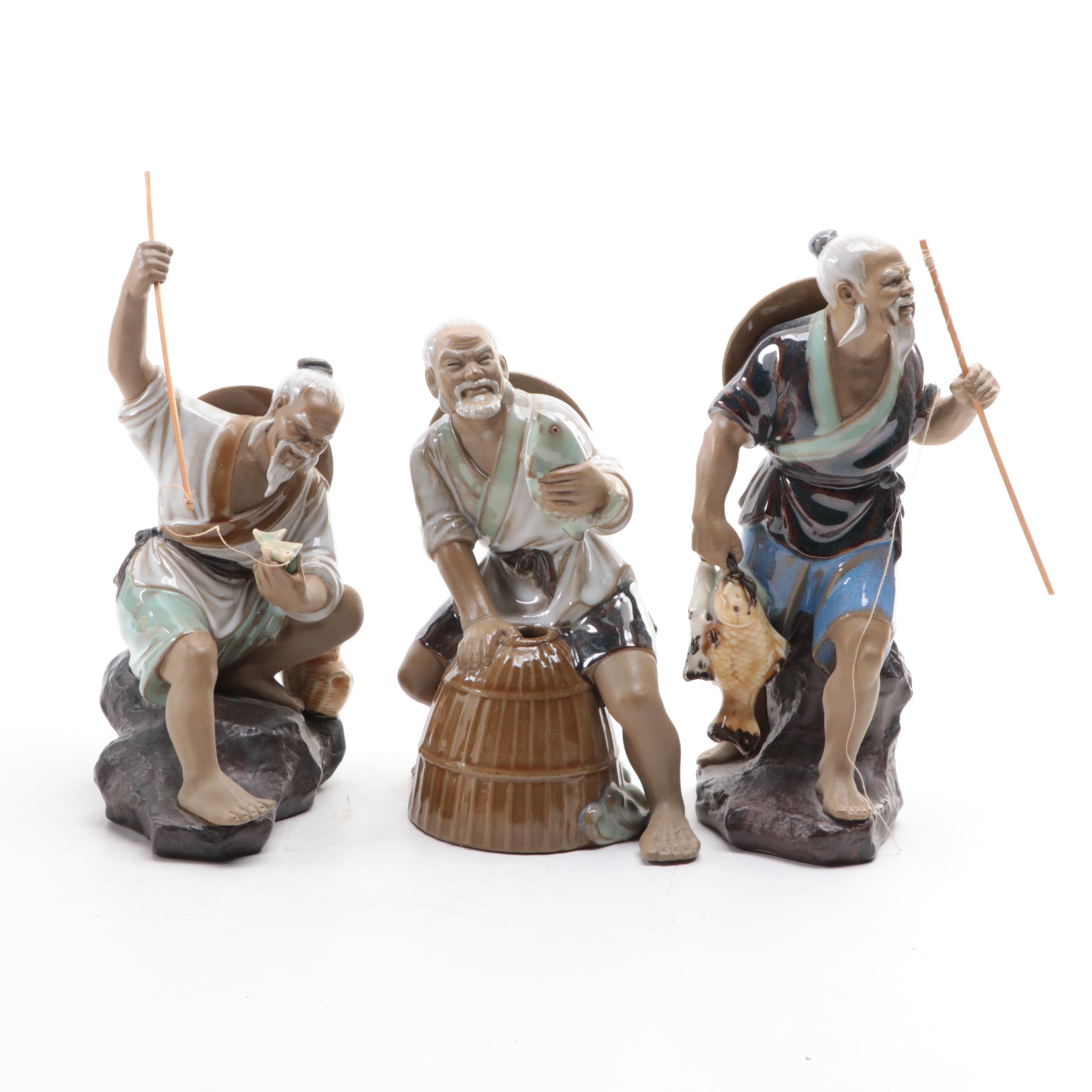 Chinese Shiwan Pottery Figurines of Fishermen and Scholar