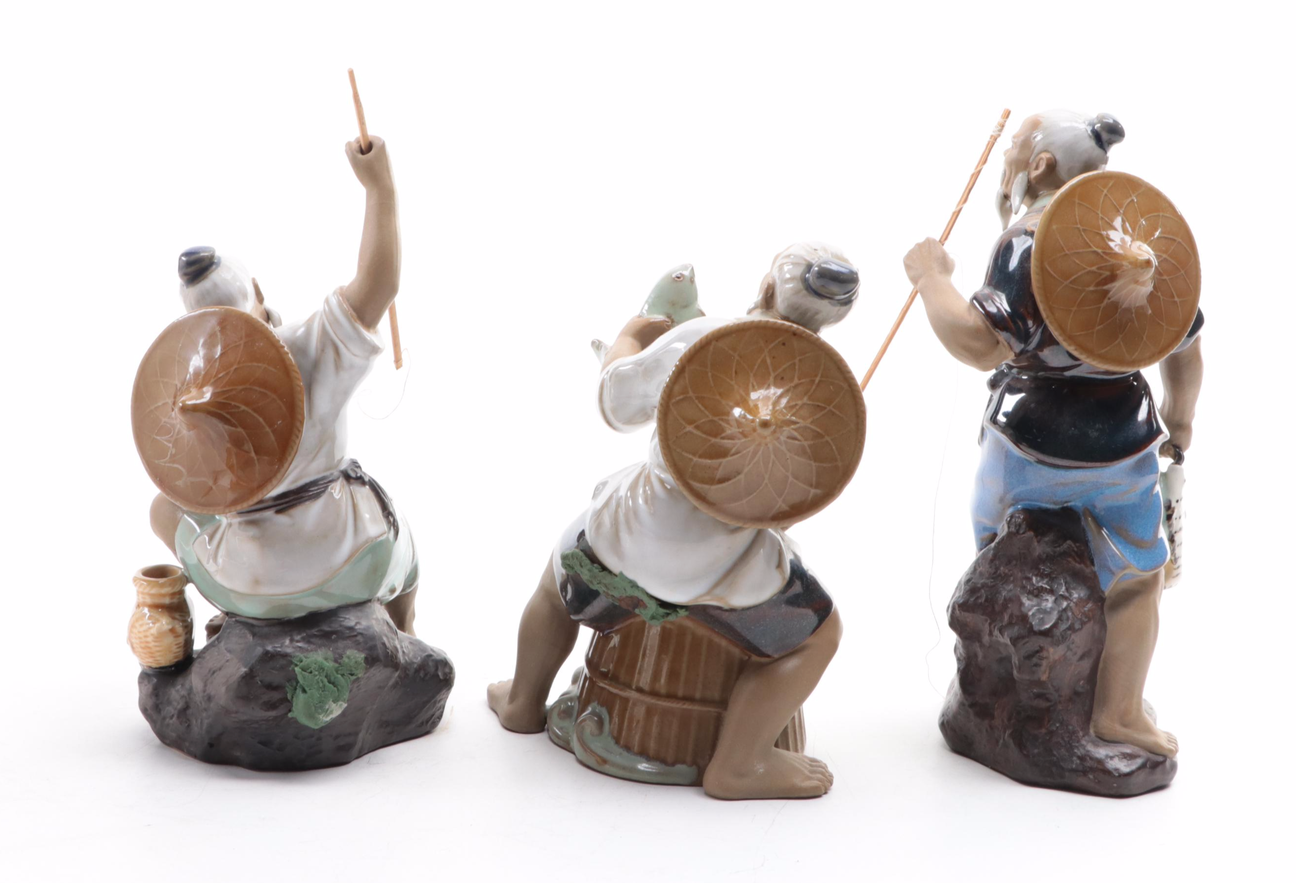 Chinese Shiwan Pottery Figurines of Fishermen and Scholar