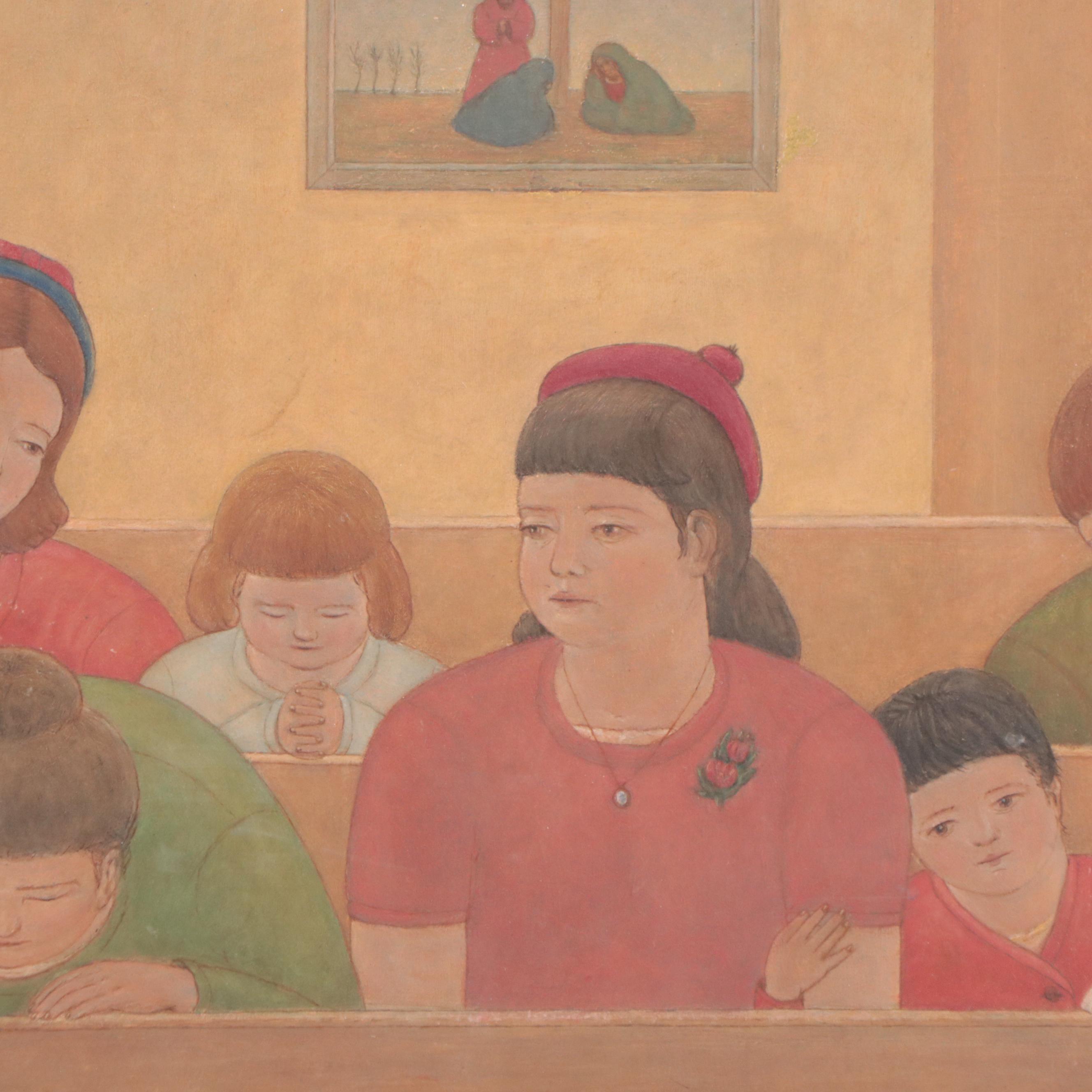Oil Painting of Women and Children Sitting in Church