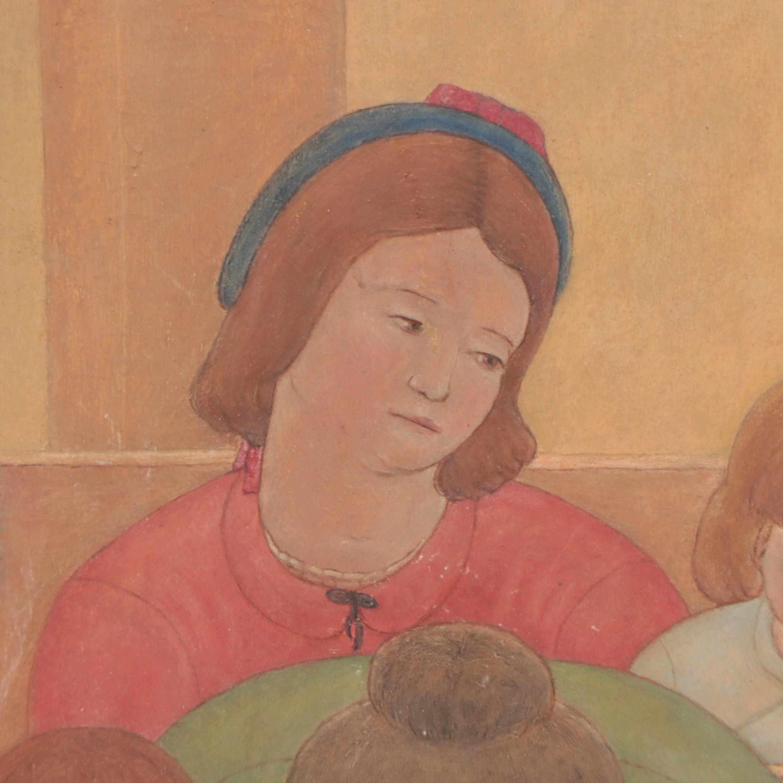 Oil Painting of Women and Children Sitting in Church