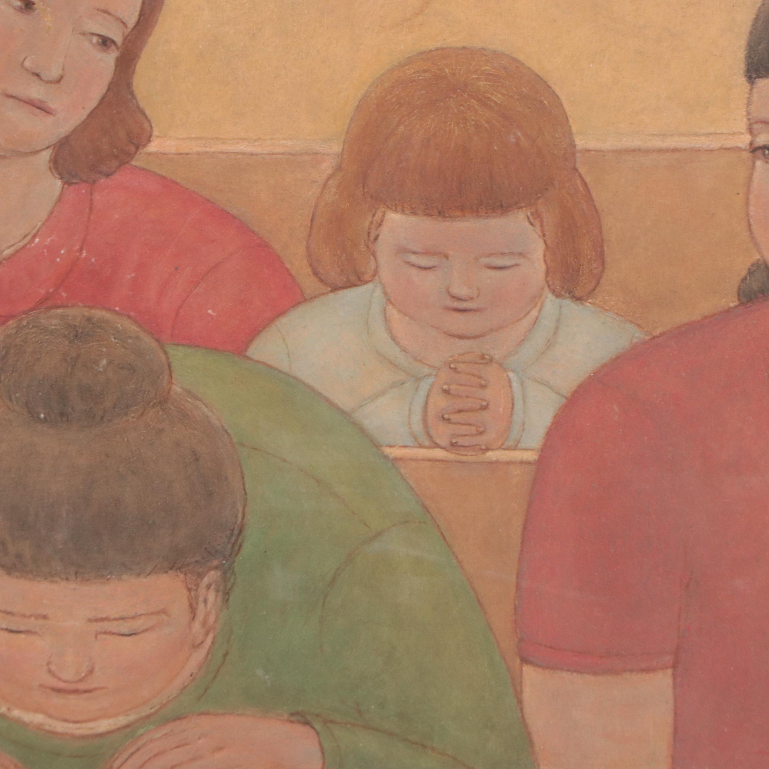 Oil Painting of Women and Children Sitting in Church