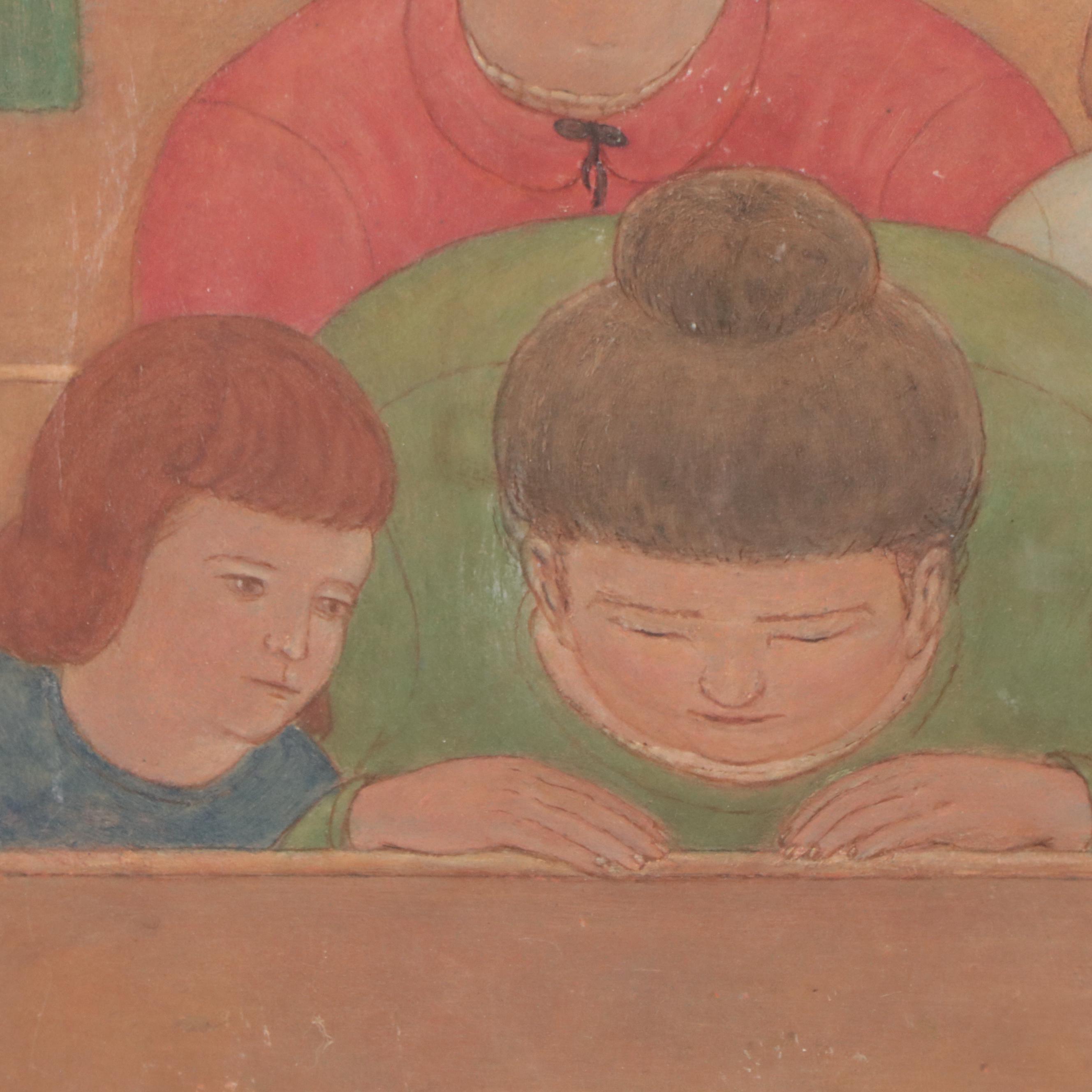 Oil Painting of Women and Children Sitting in Church