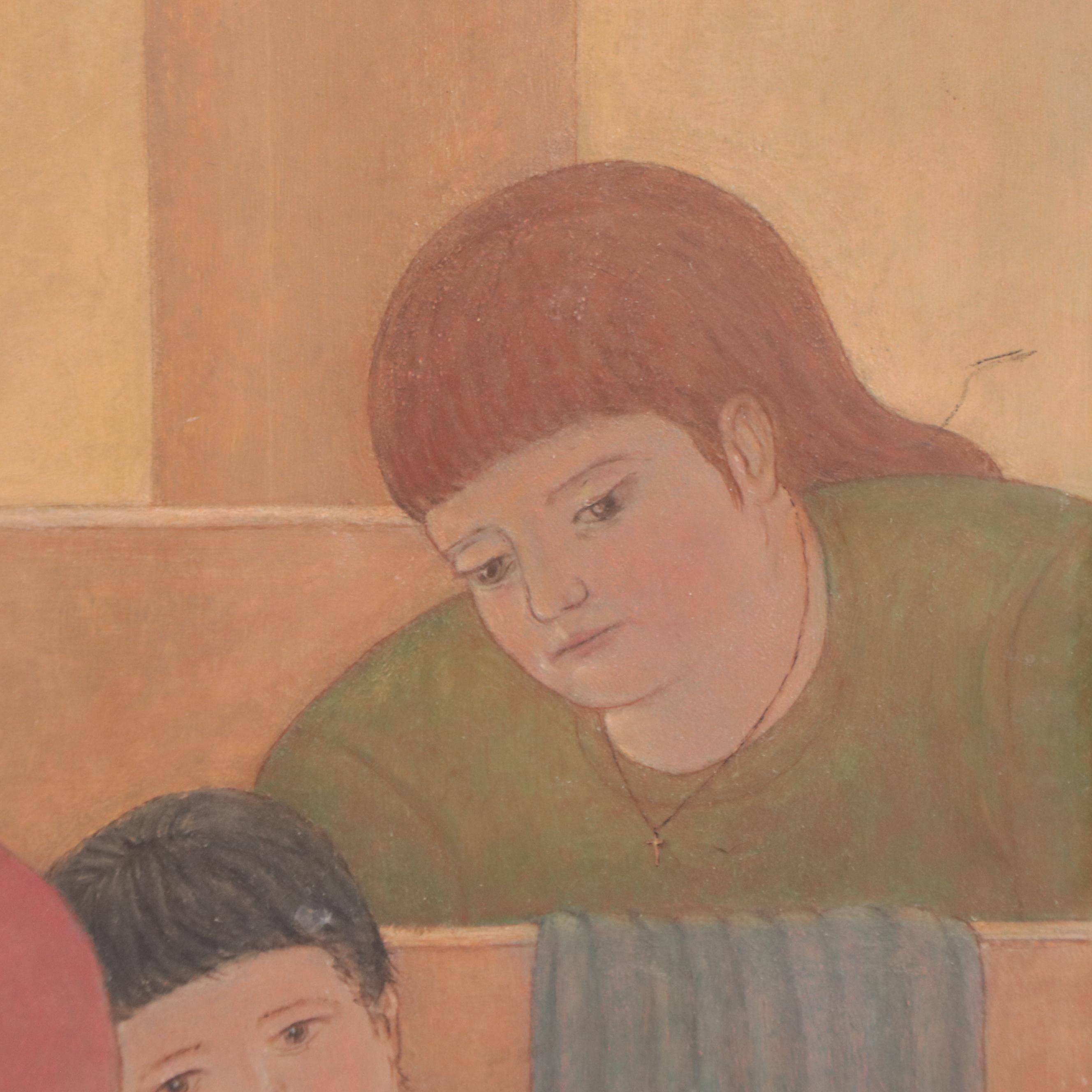 Oil Painting of Women and Children Sitting in Church