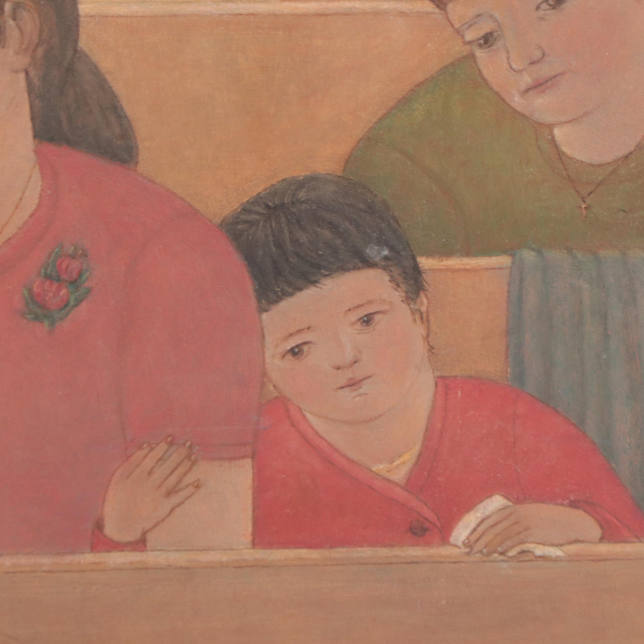 Oil Painting of Women and Children Sitting in Church