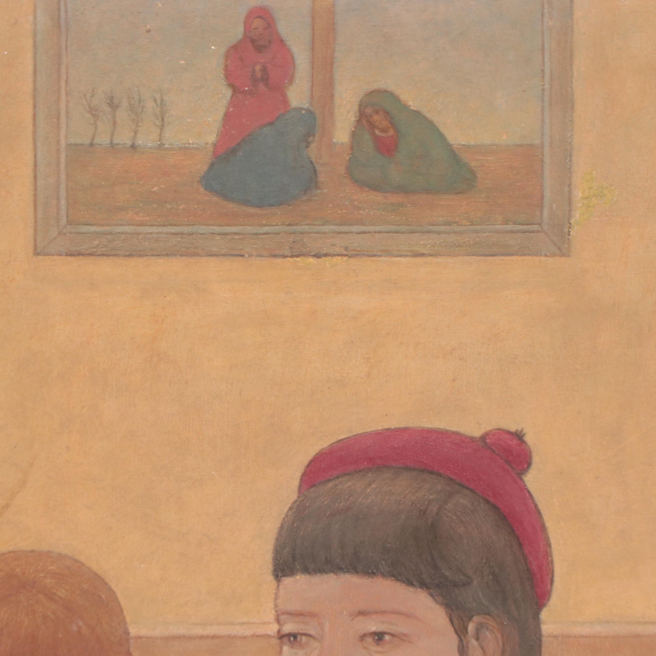 Oil Painting of Women and Children Sitting in Church