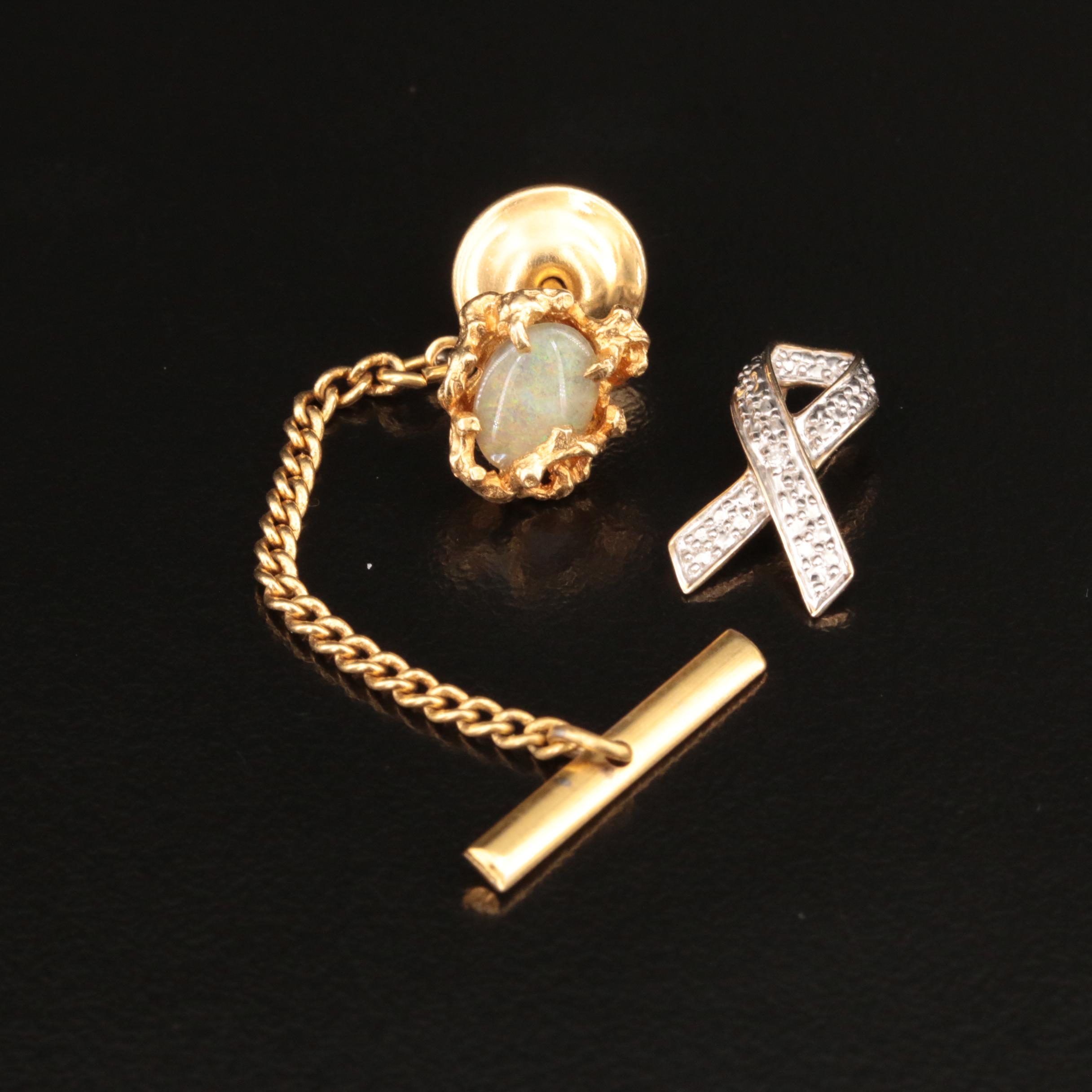 10K Opal and Quartz Doublet Nugget Tie Pin with 10K Diamond Ribbon Pendant