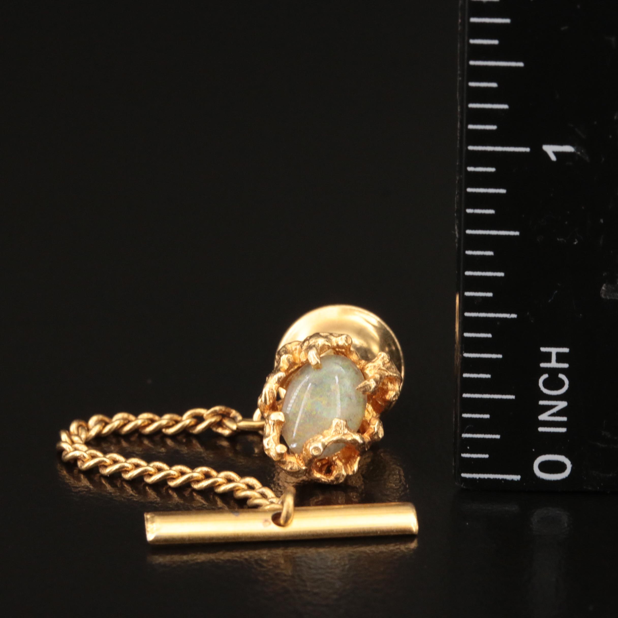 10K Opal and Quartz Doublet Nugget Tie Pin with 10K Diamond Ribbon Pendant