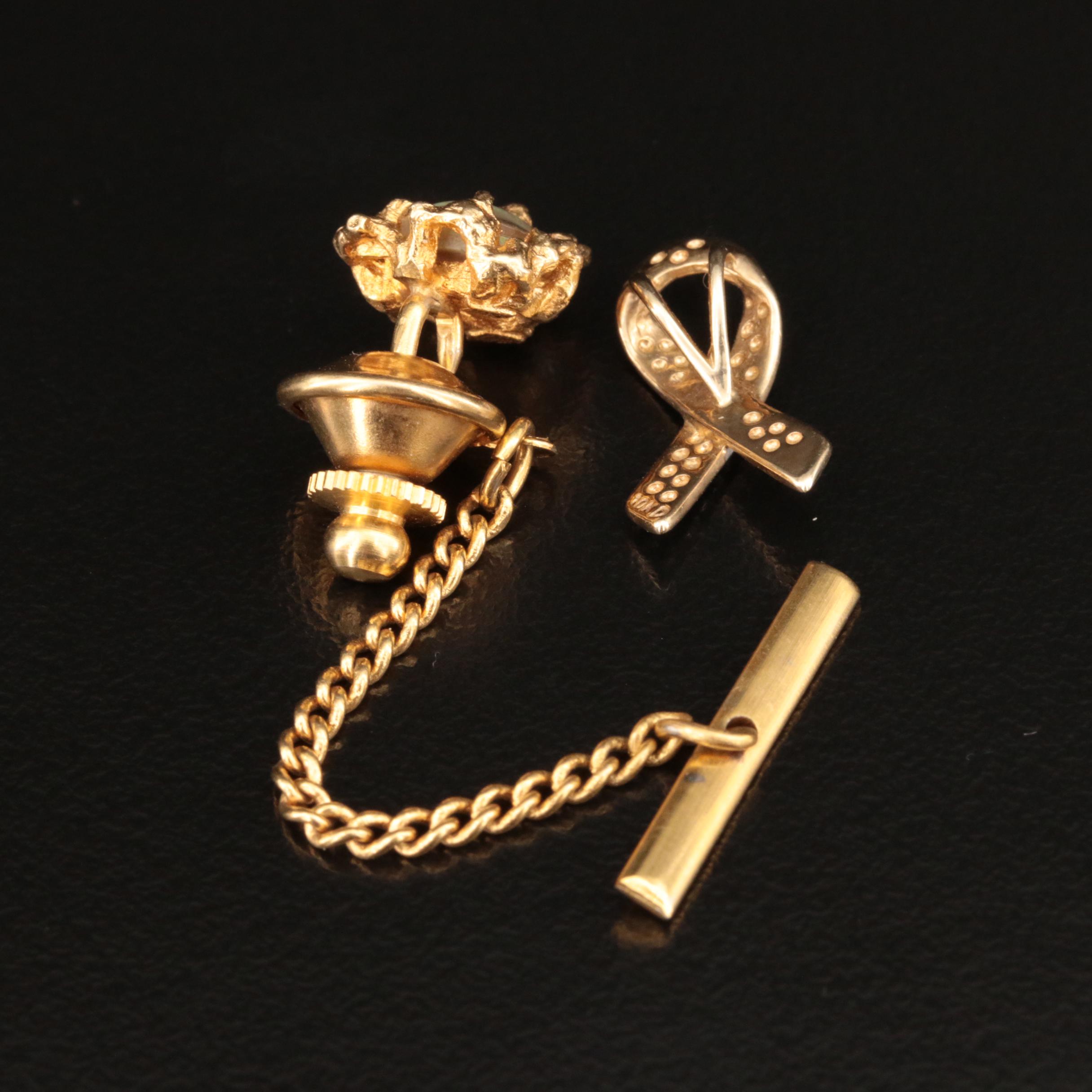 10K Opal and Quartz Doublet Nugget Tie Pin with 10K Diamond Ribbon Pendant