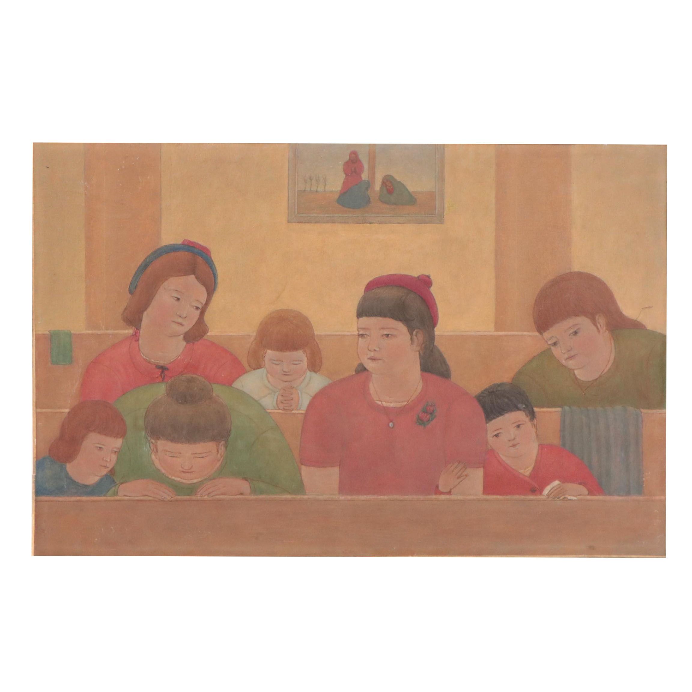 Oil Painting of Women and Children Sitting in Church