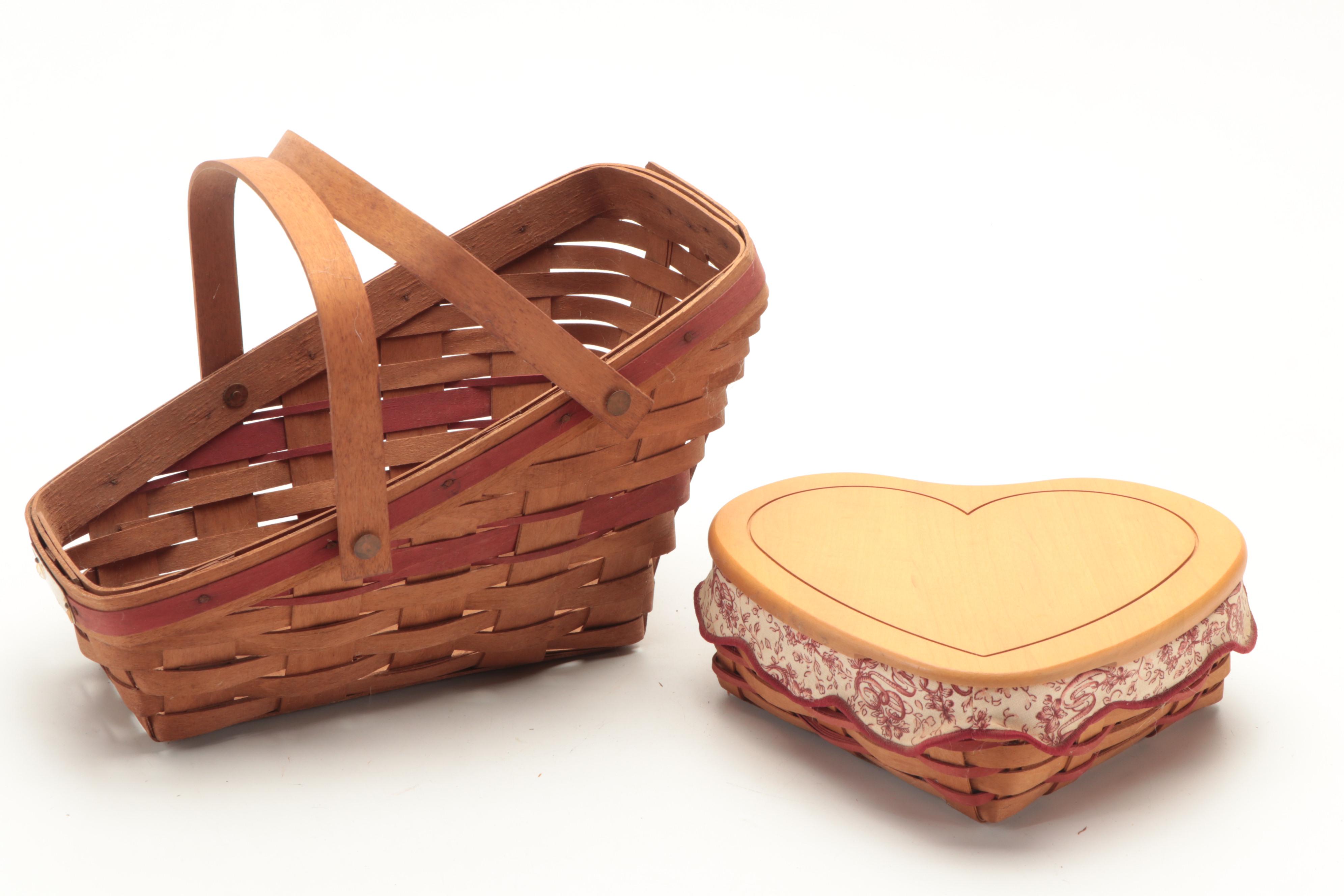 Longeberger and Other Woven Maple Baskets Including a Heart Basket