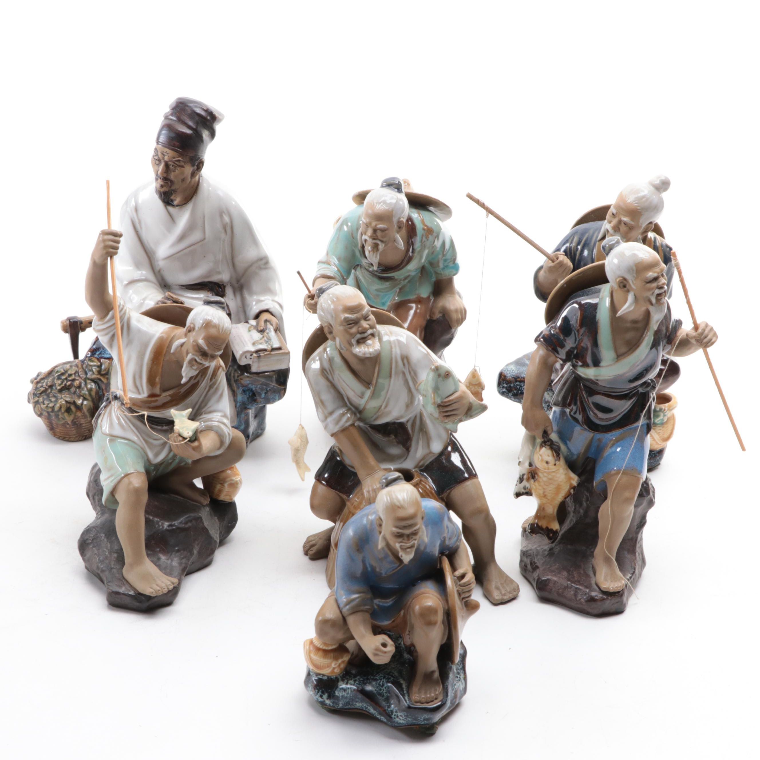Chinese Shiwan Pottery Figurines of Fishermen and Scholar