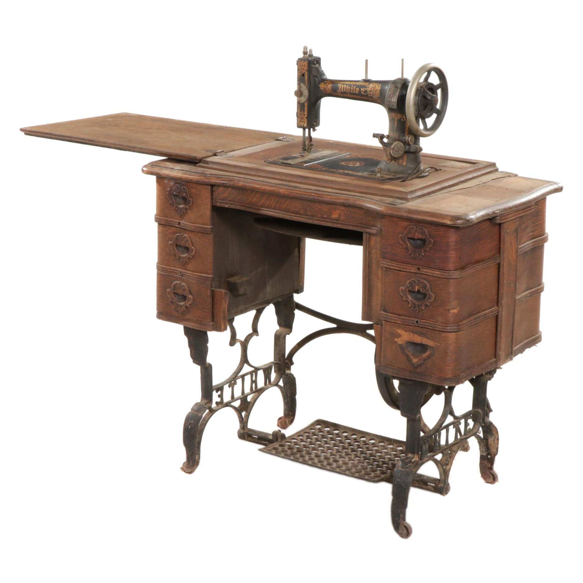 White Treadle Sewing Machine in Oak Cabinet, Late 19th to Early 20th Century
