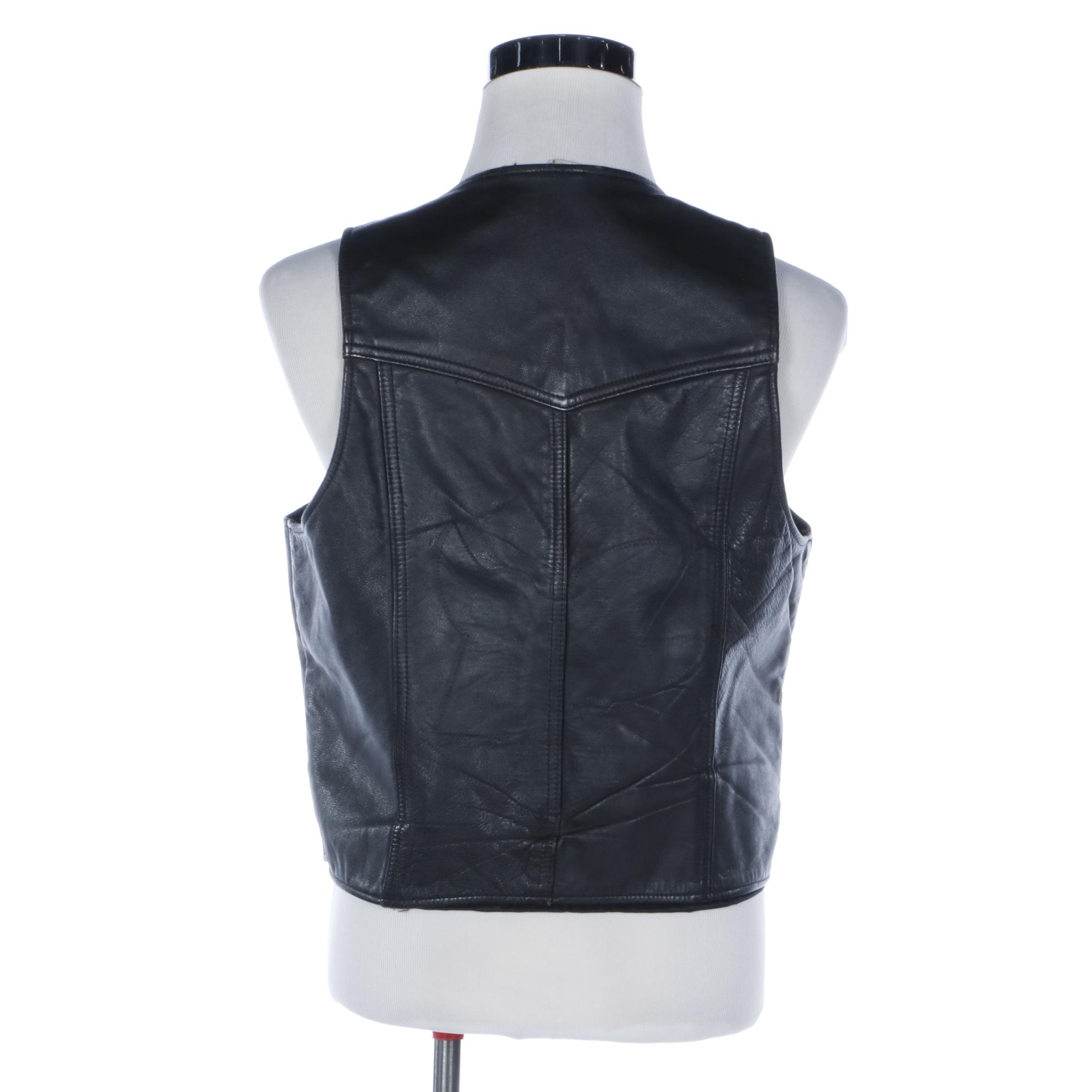 Men's Black Leather Motorcycle Vest with Patches