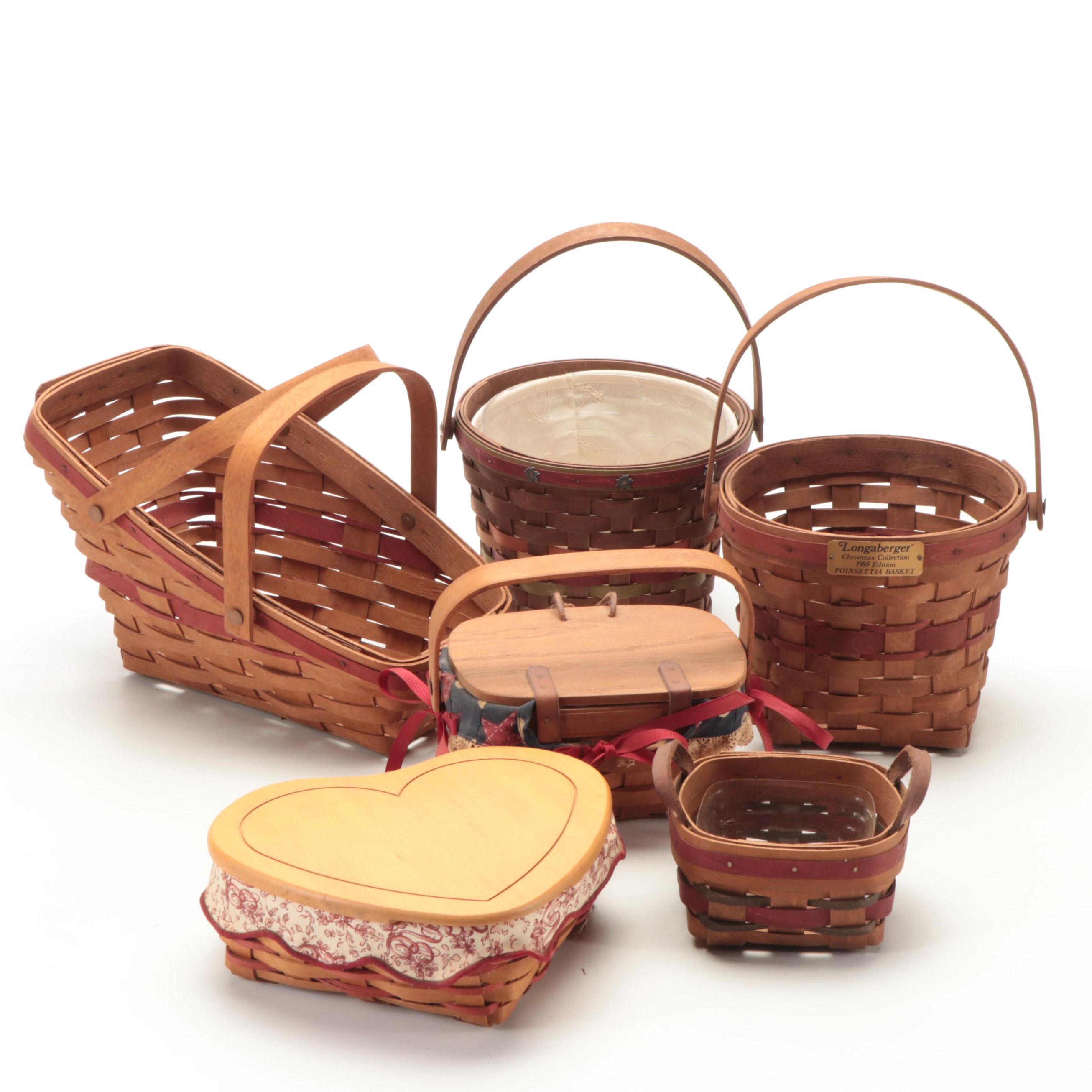 Longeberger and Other Woven Maple Baskets Including a Heart Basket