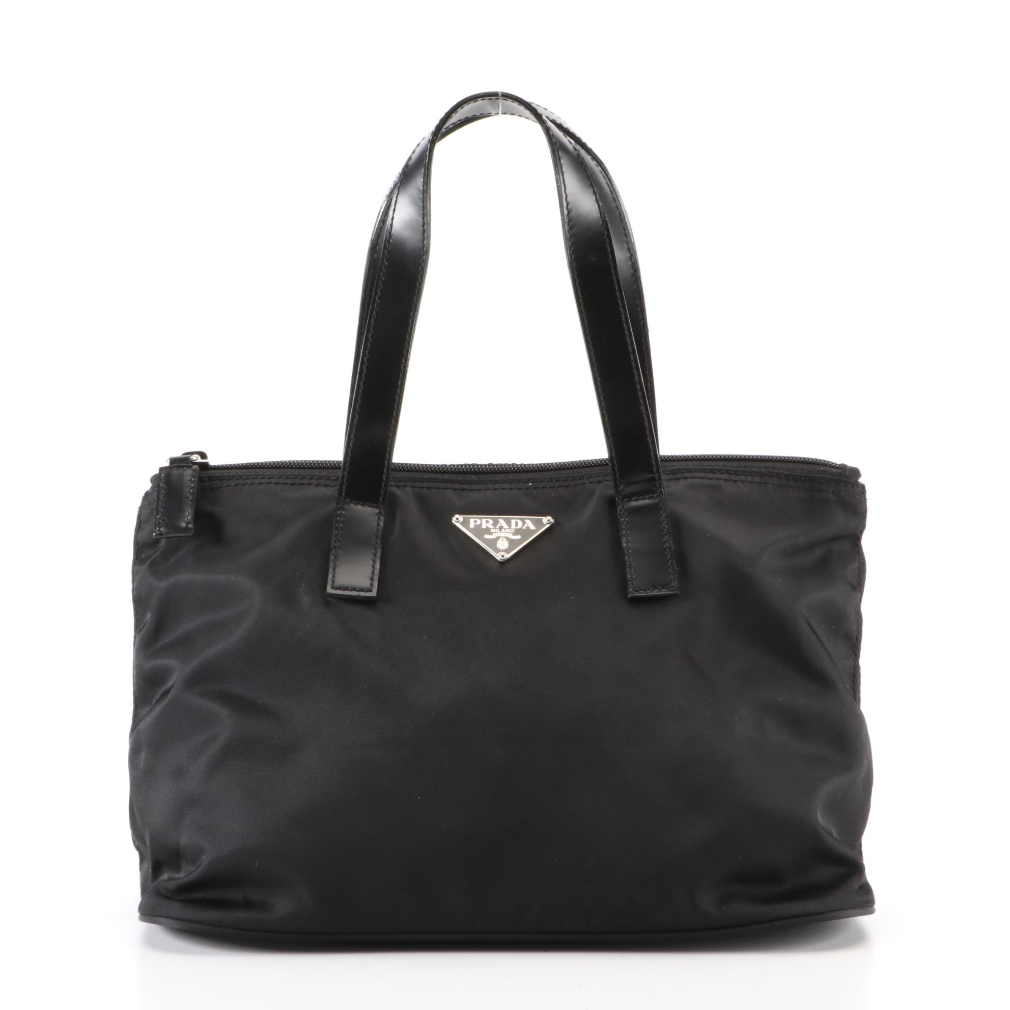Prada Small Zip Tote in Black Nylon Gabardine and Leather