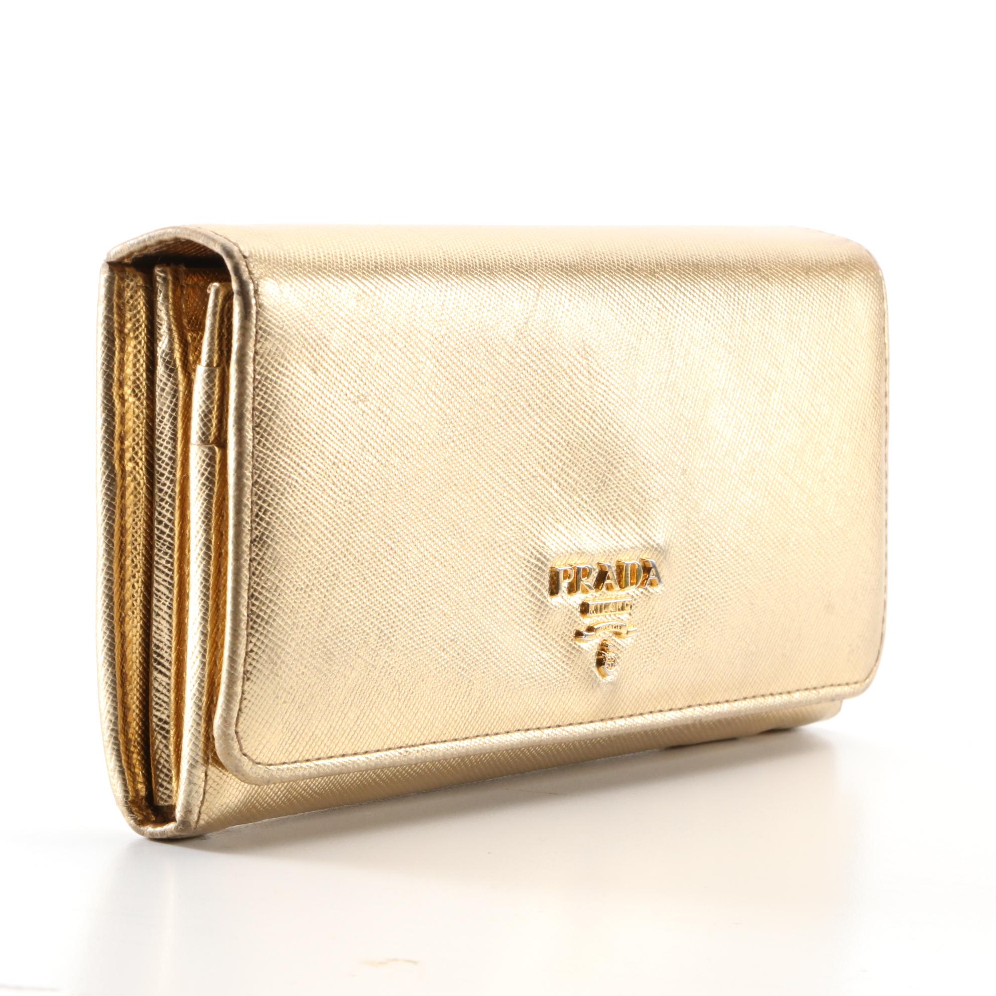 Prada Long Organizer Wallet in Metallic Gold Saffiano Leather with Box