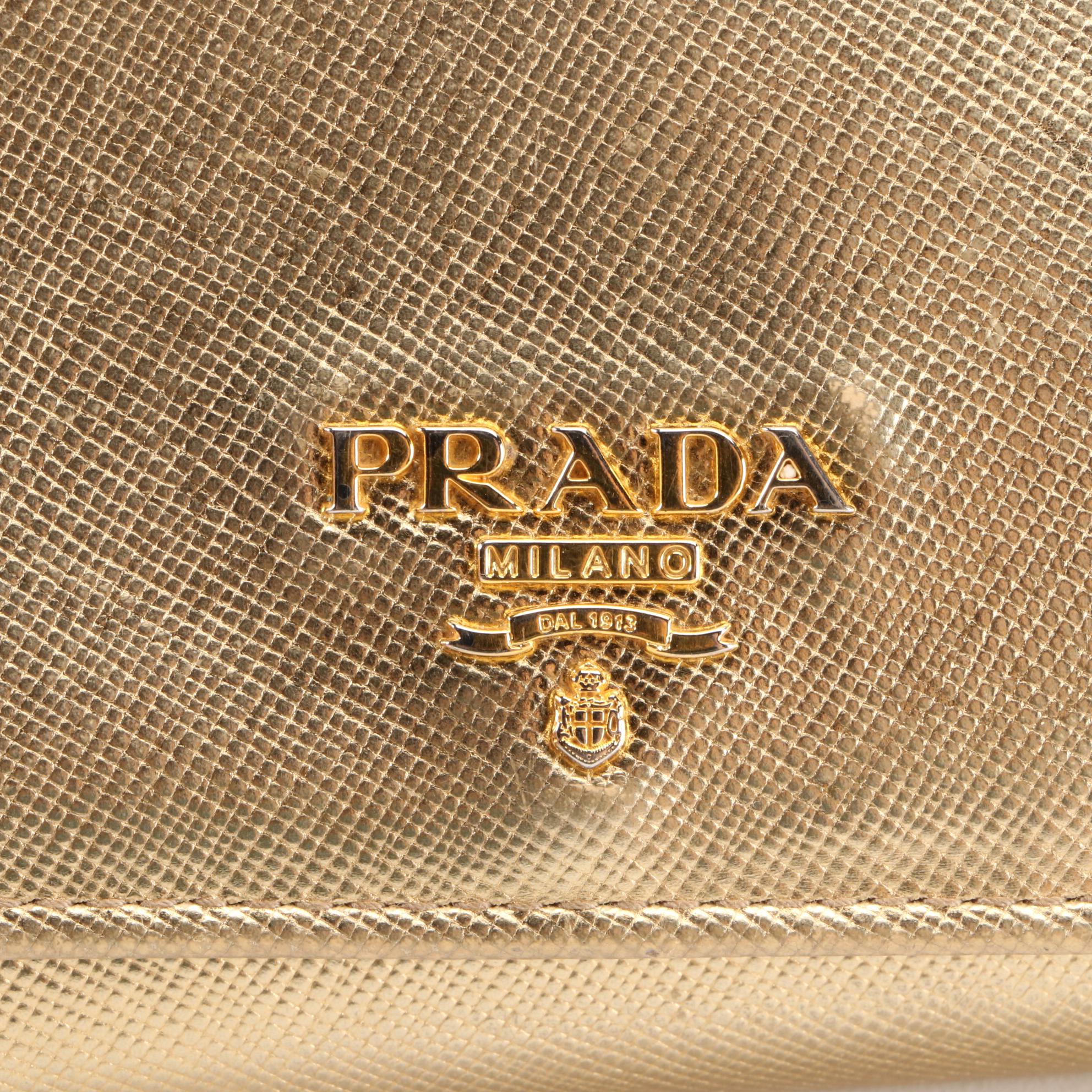 Prada Long Organizer Wallet in Metallic Gold Saffiano Leather with Box