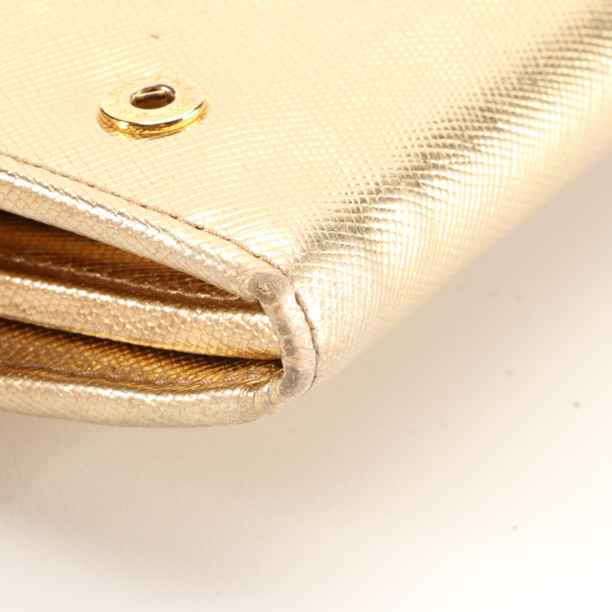 Prada Long Organizer Wallet in Metallic Gold Saffiano Leather with Box