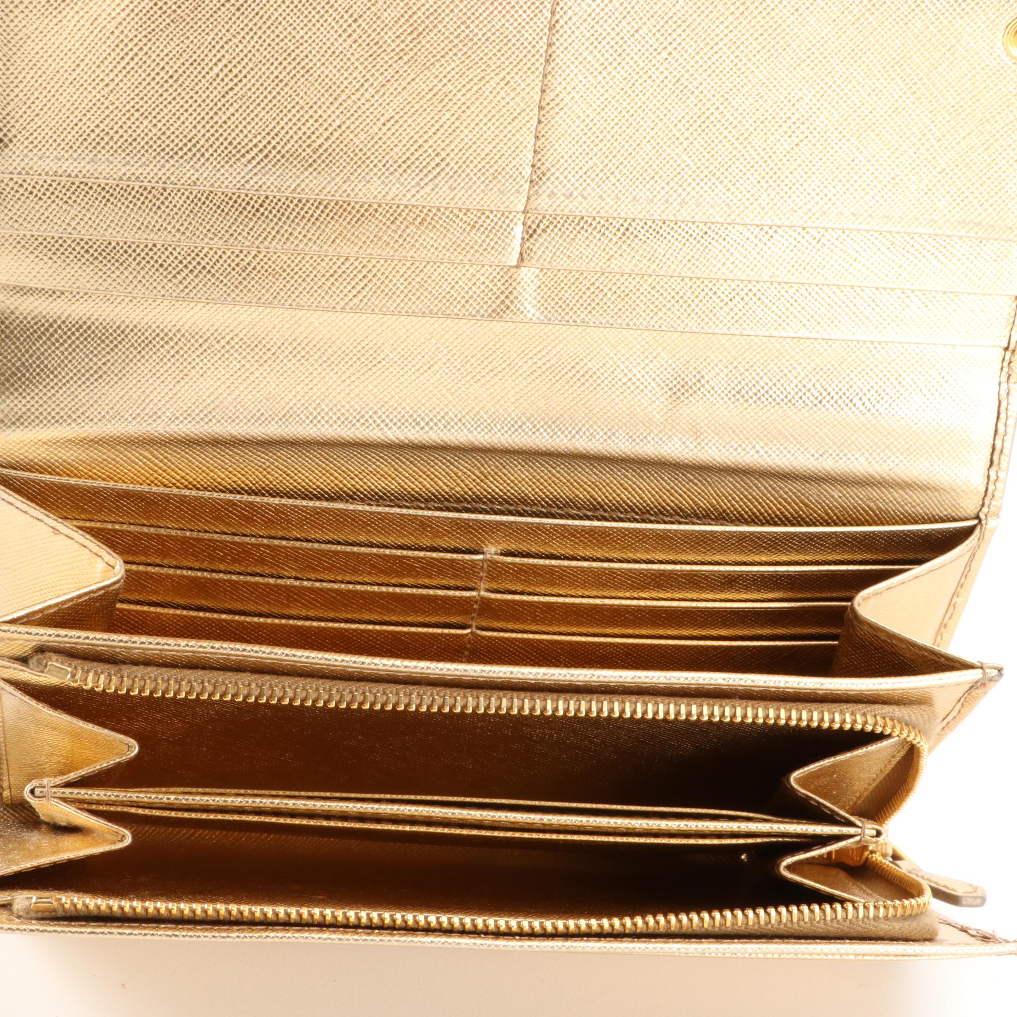 Prada Long Organizer Wallet in Metallic Gold Saffiano Leather with Box