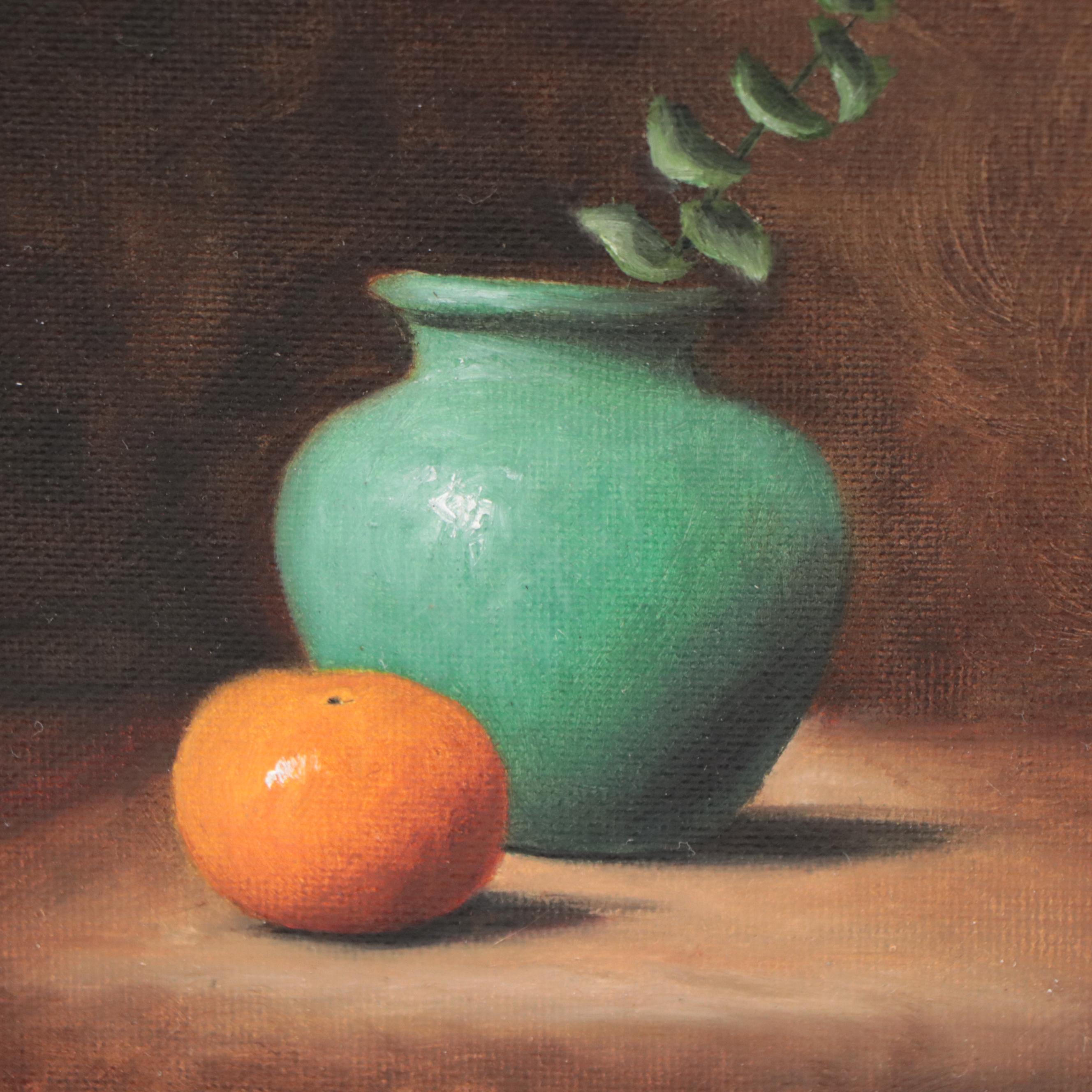 Houra Alghizzi Still Life Oil Painting "Clementine and Eucalyptus," 2023