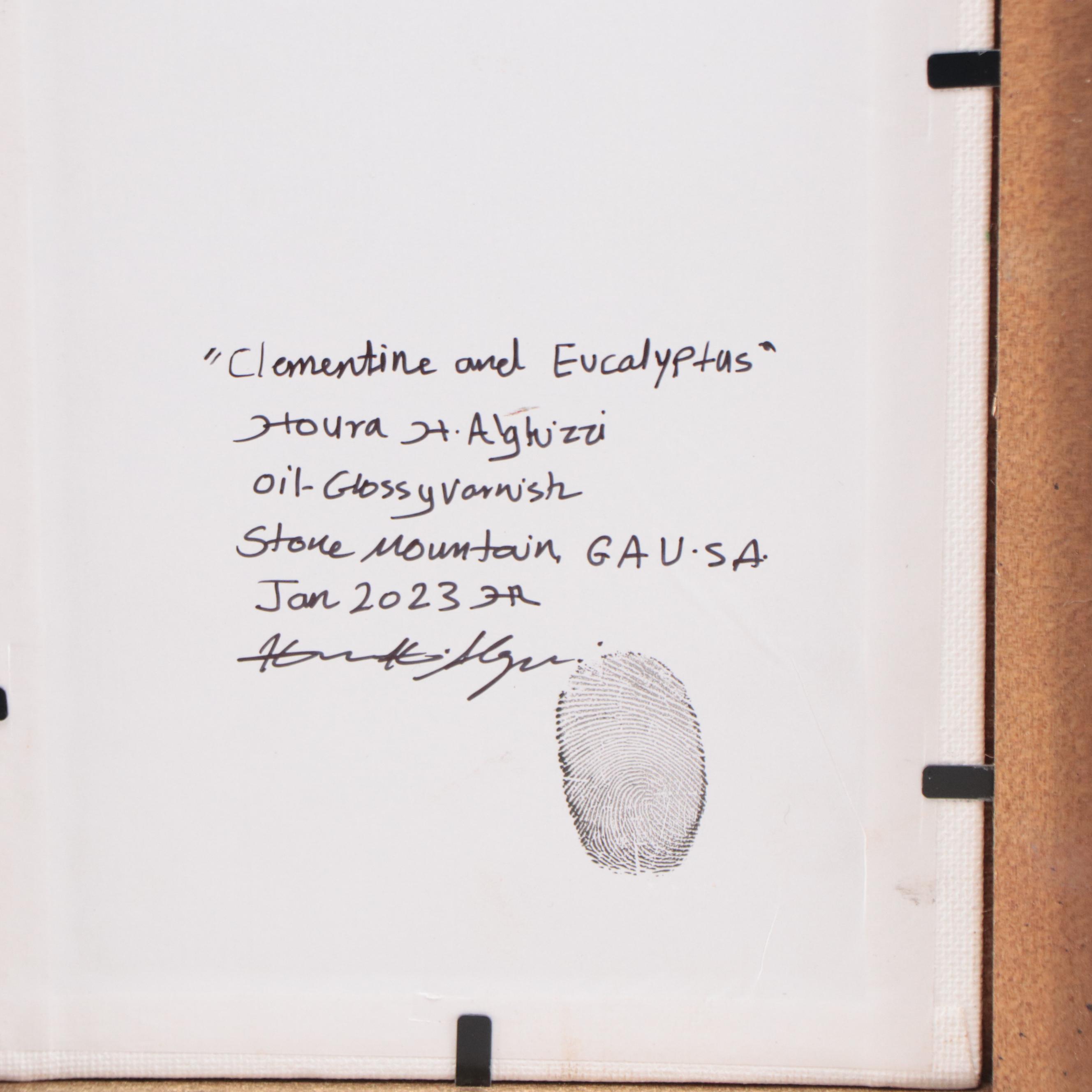 Houra Alghizzi Still Life Oil Painting "Clementine and Eucalyptus," 2023