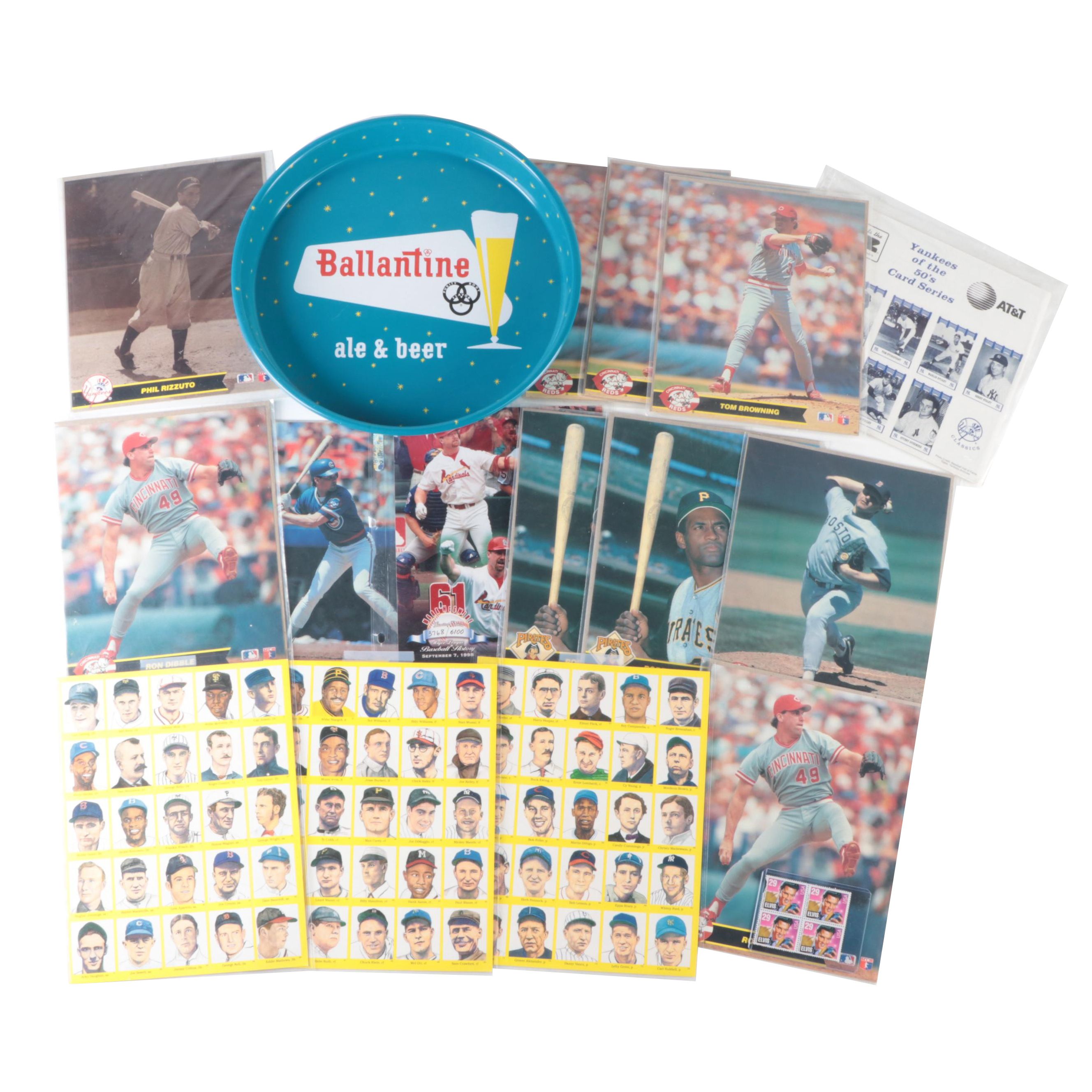 Baseball Stickers, Prints, Card Sheets and Elvis Stamps in Ballantine Beer Tray