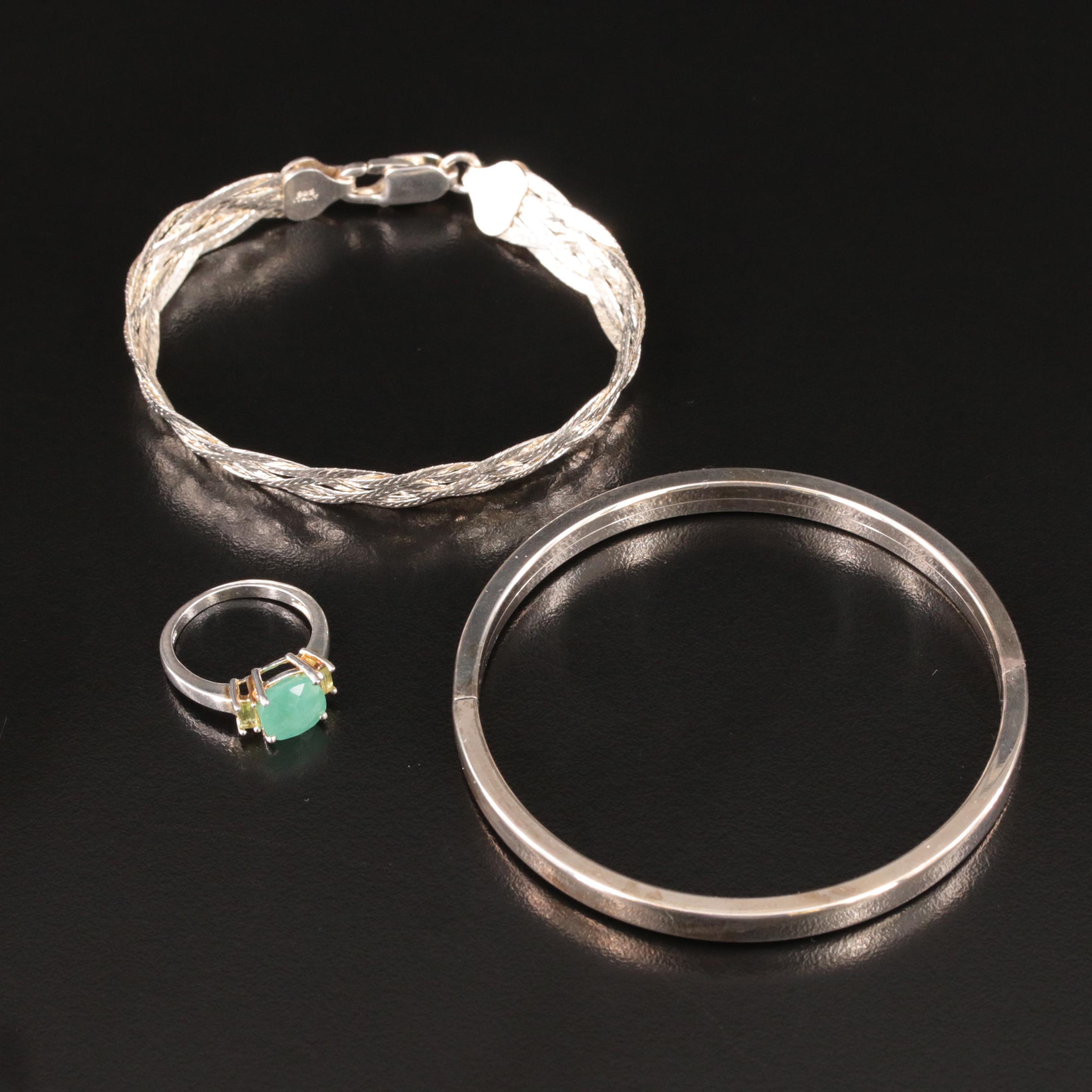 Sterling Emerald and Peridot Ring, Braided Herringbone Bracelet and Bangle