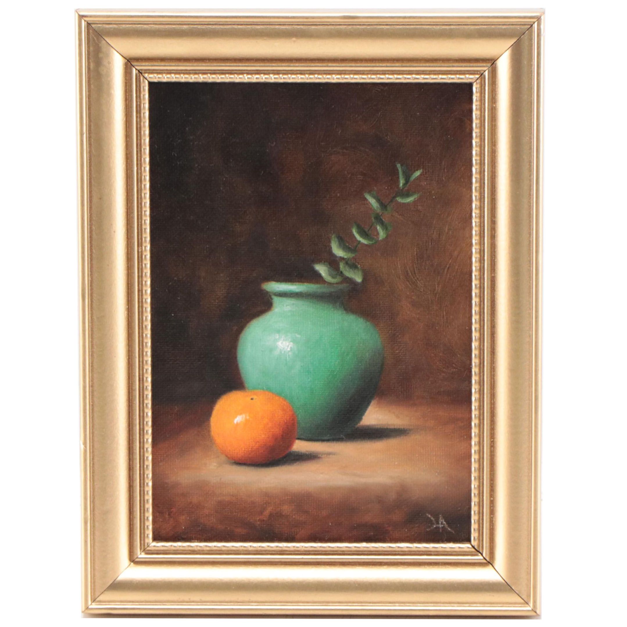 Houra Alghizzi Still Life Oil Painting "Clementine and Eucalyptus," 2023