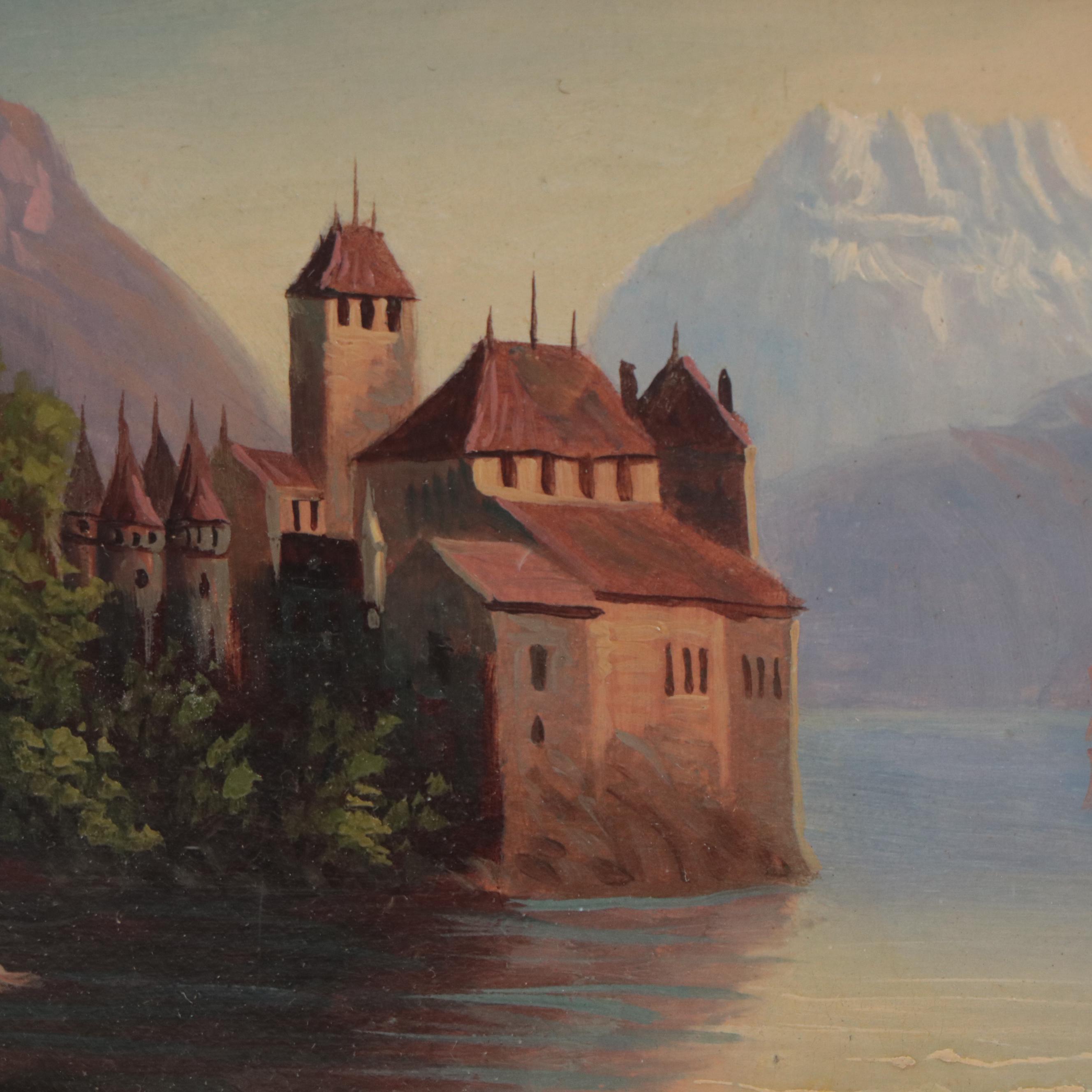 Landscape Oil Painting of Chillon Castle, Switzerland, Early 20th Century