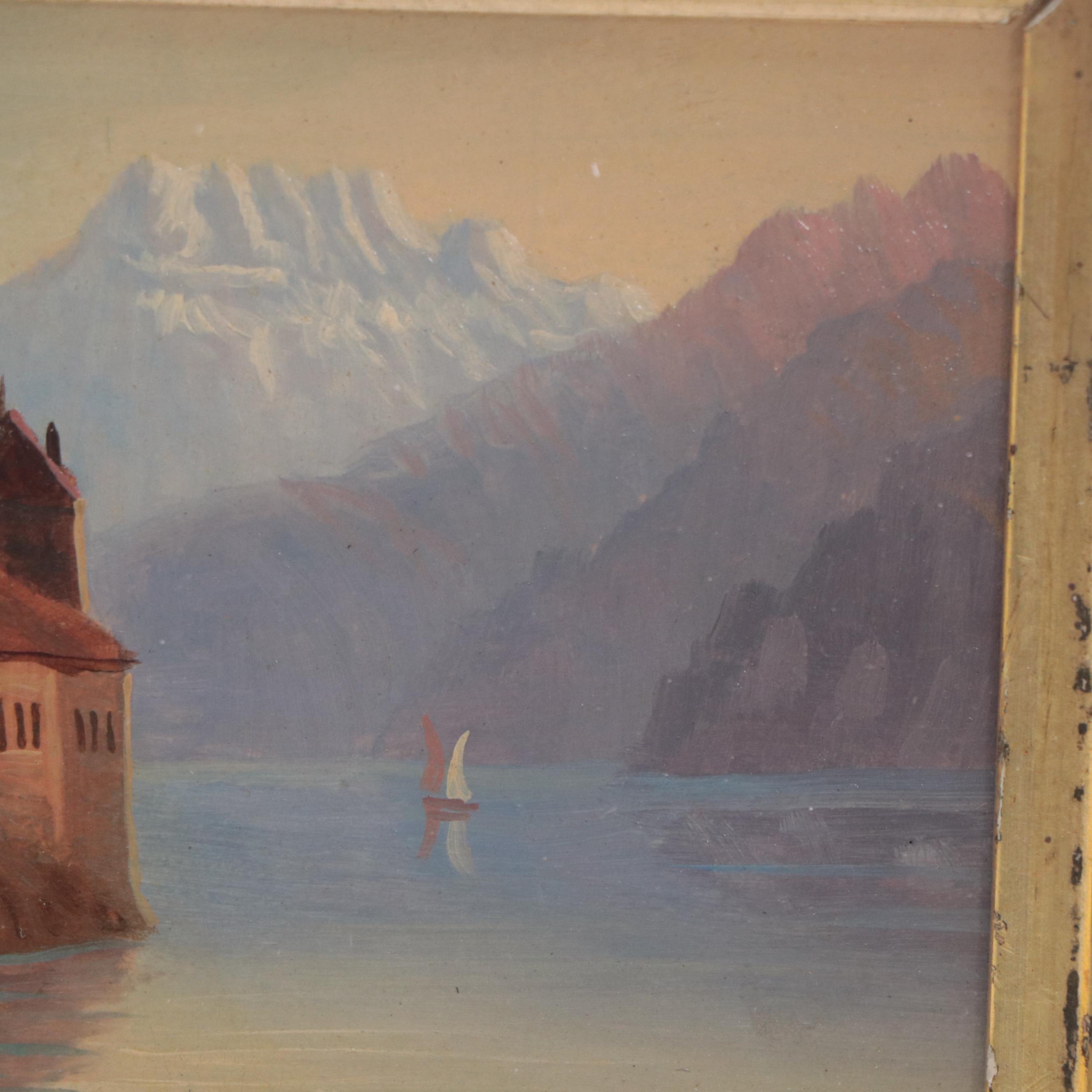 Landscape Oil Painting of Chillon Castle, Switzerland, Early 20th Century