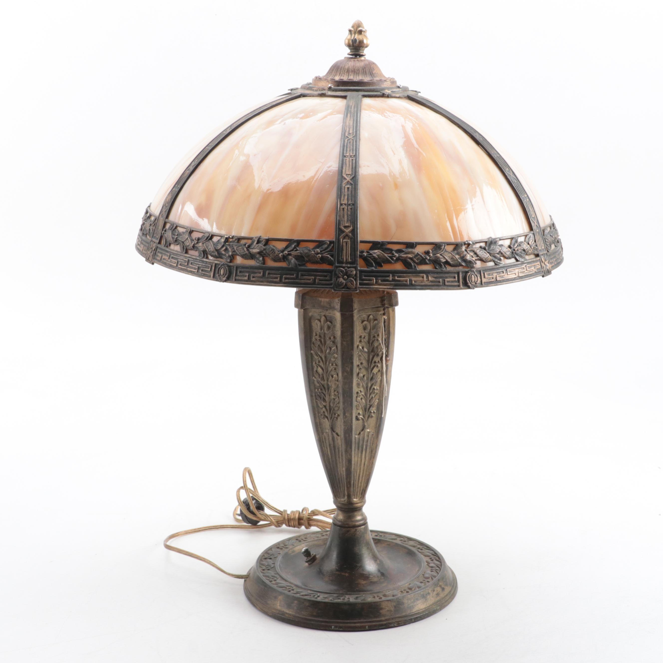 Neoclassical Bent Slag Glass Panel Lamp With Spelter Base, Early/ Mid-20th C