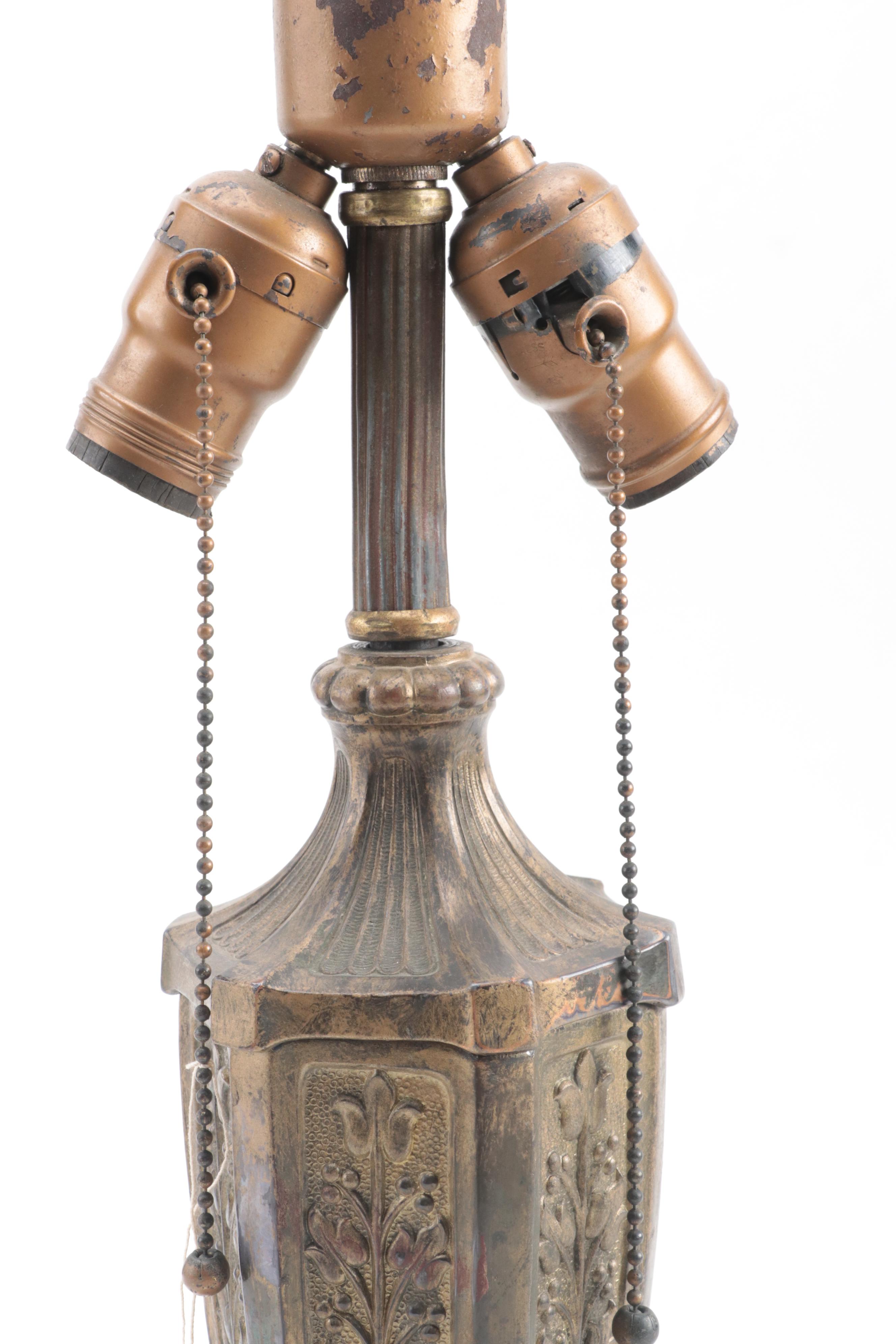 Neoclassical Bent Slag Glass Panel Lamp With Spelter Base, Early/ Mid-20th C