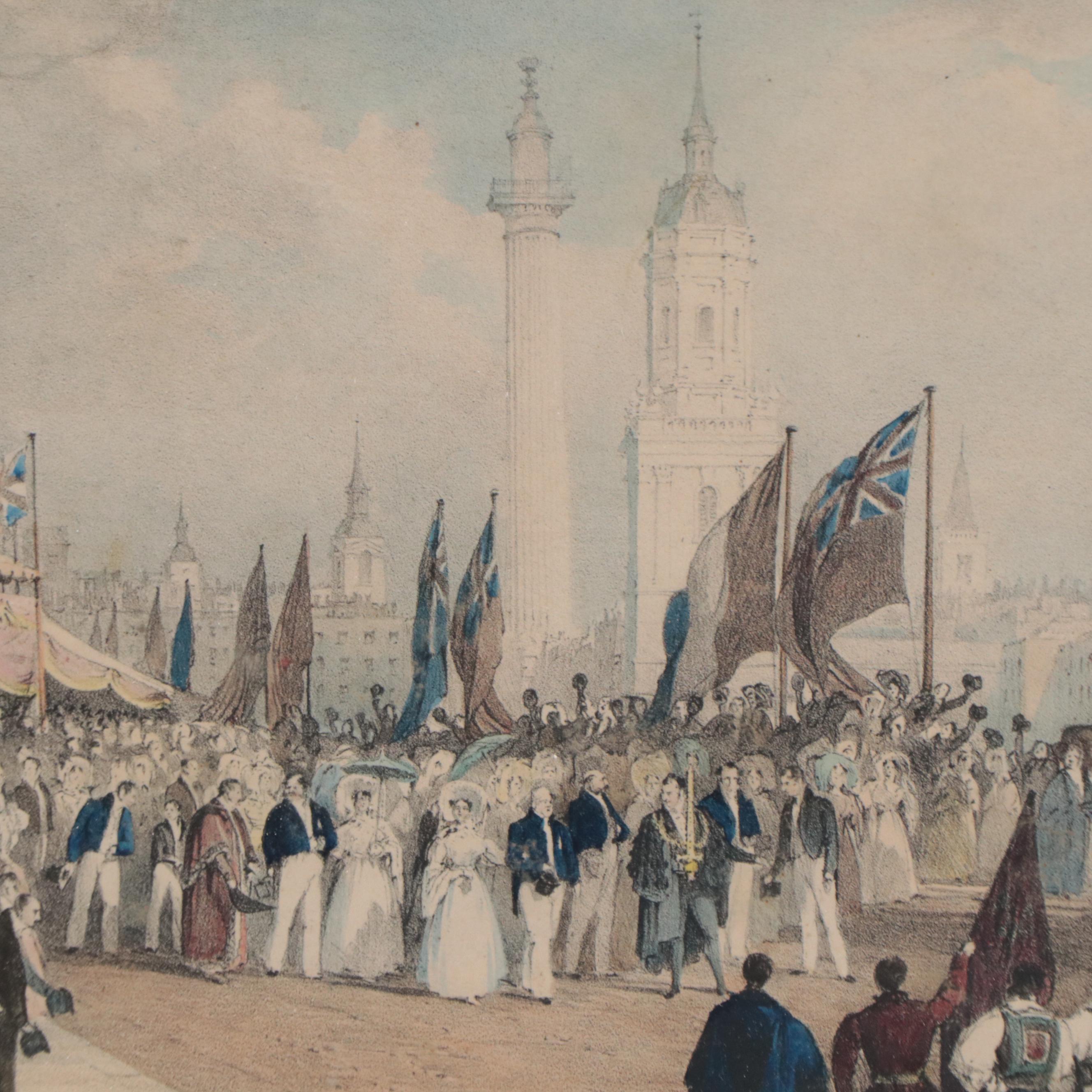Hand-Colored Lithograph After Thomas Allom of London Bridge Opening Ceremony