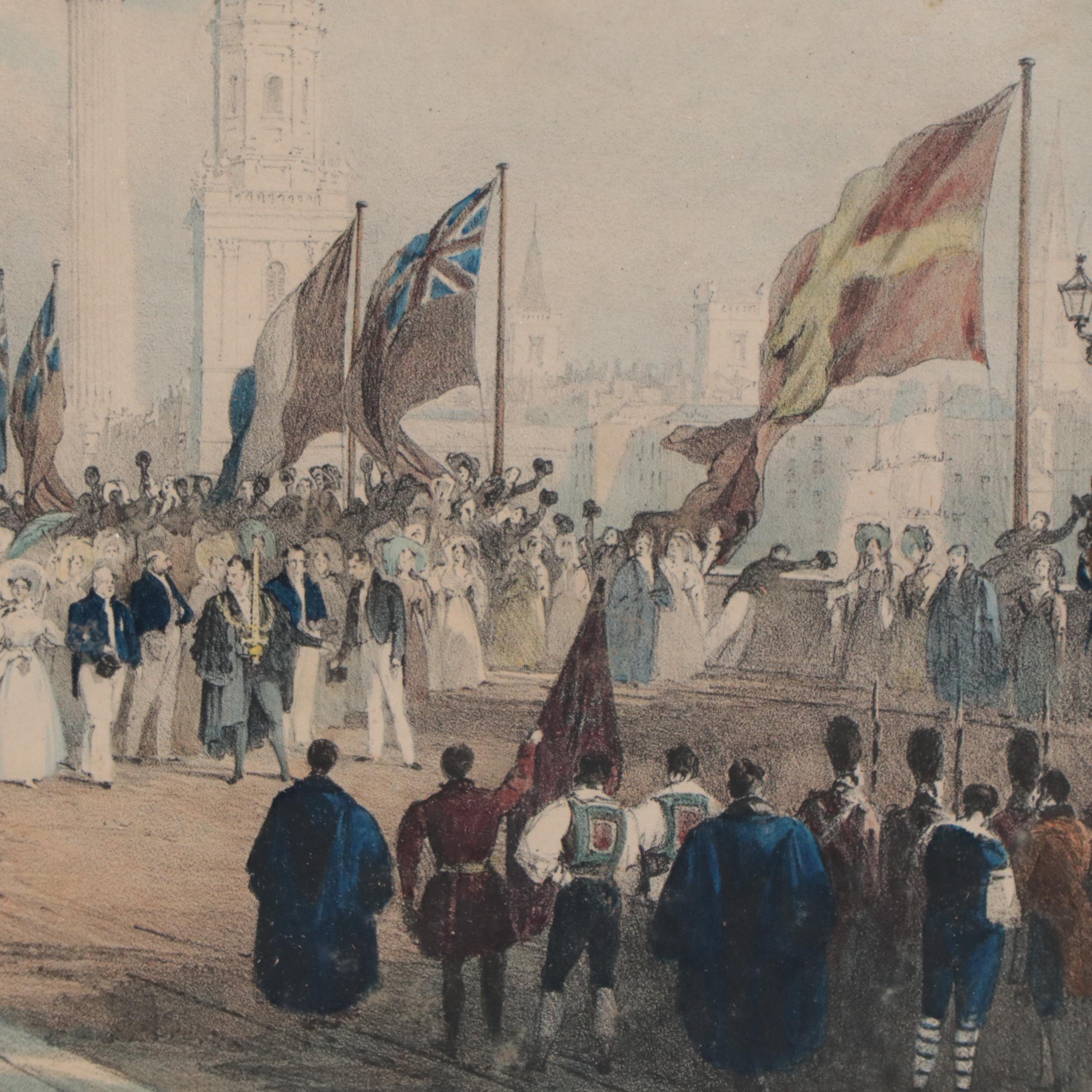 Hand-Colored Lithograph After Thomas Allom of London Bridge Opening Ceremony
