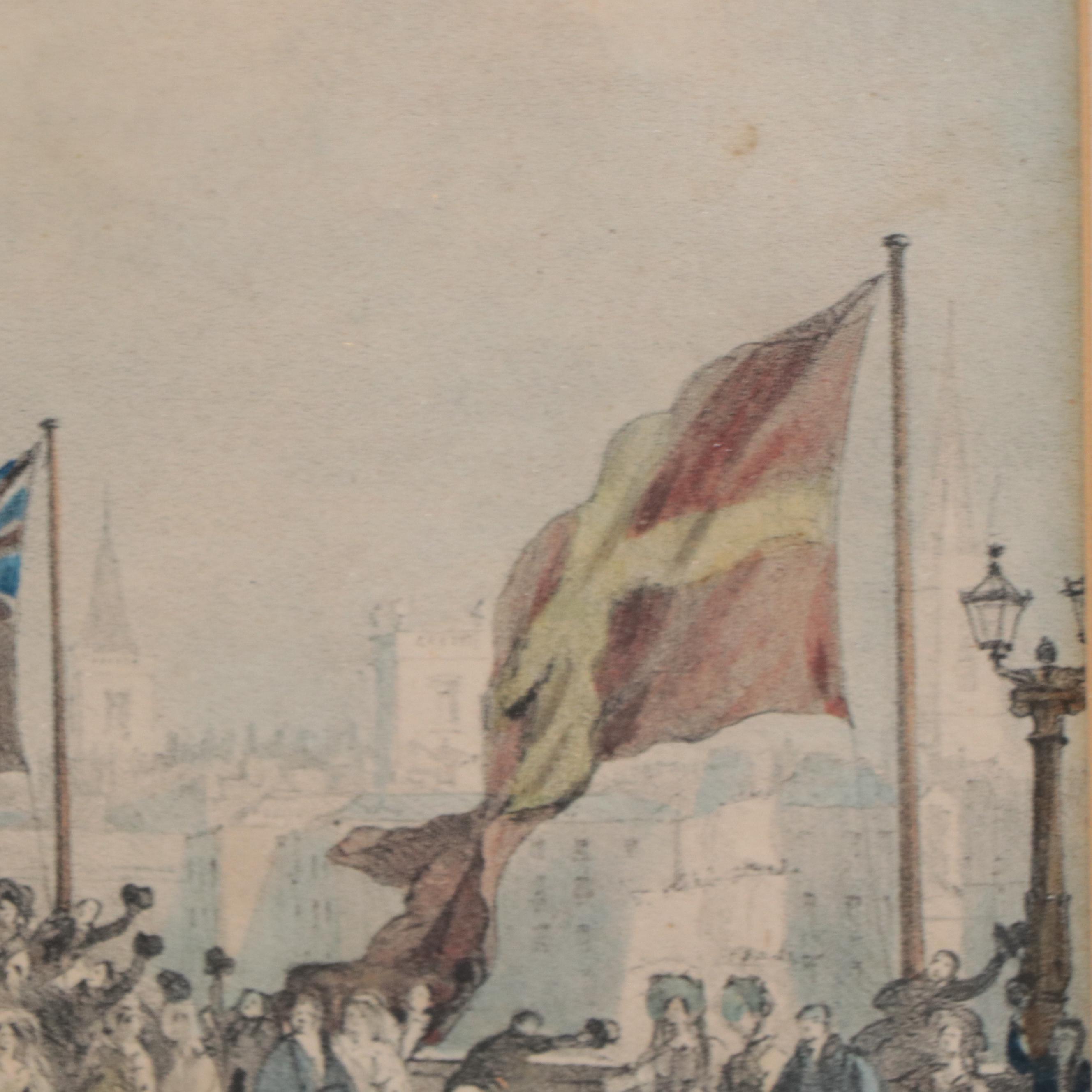 Hand-Colored Lithograph After Thomas Allom of London Bridge Opening Ceremony