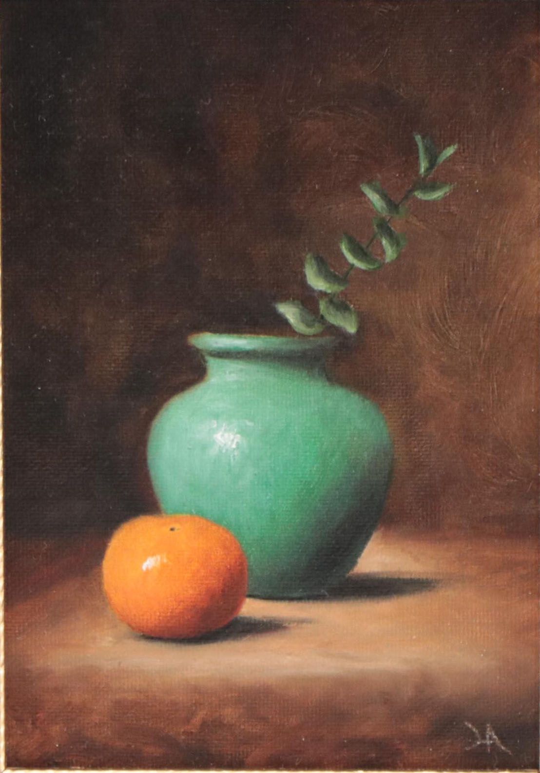 Houra Alghizzi Still Life Oil Painting "Clementine and Eucalyptus," 2023