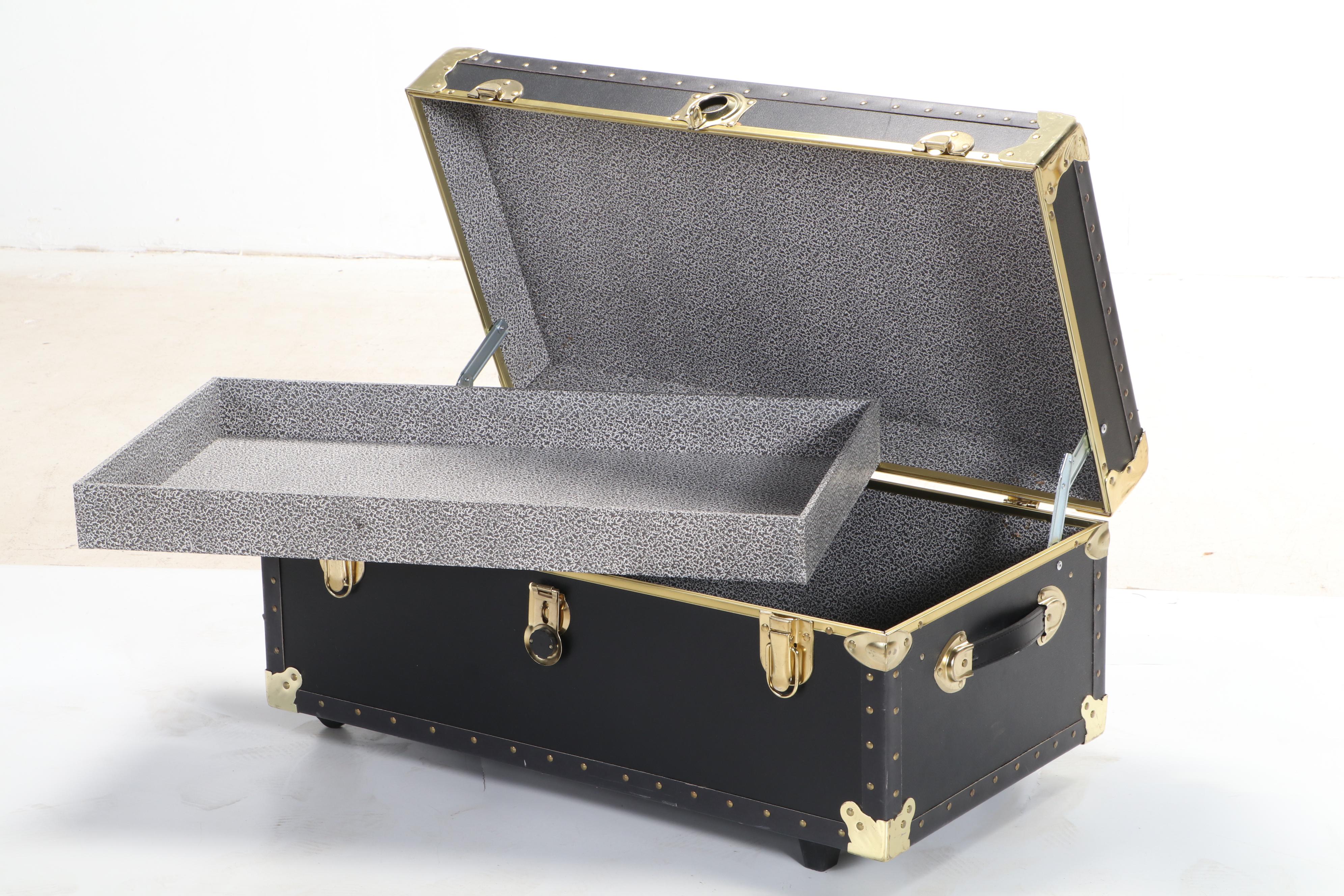 Pair of Brass-Mounted Stackable Footlockers with Collapsible Storage Racks