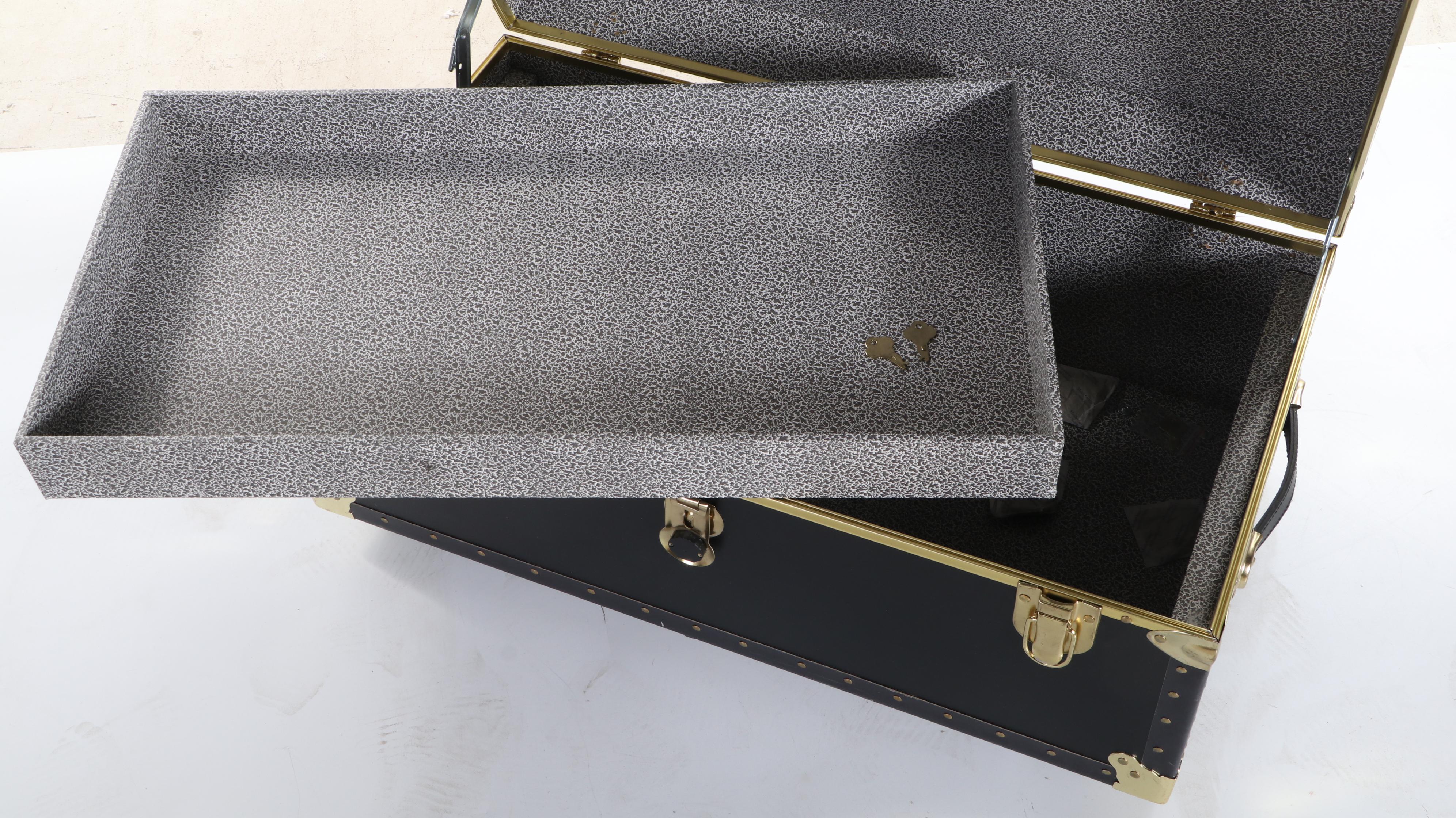 Pair of Brass-Mounted Stackable Footlockers with Collapsible Storage Racks