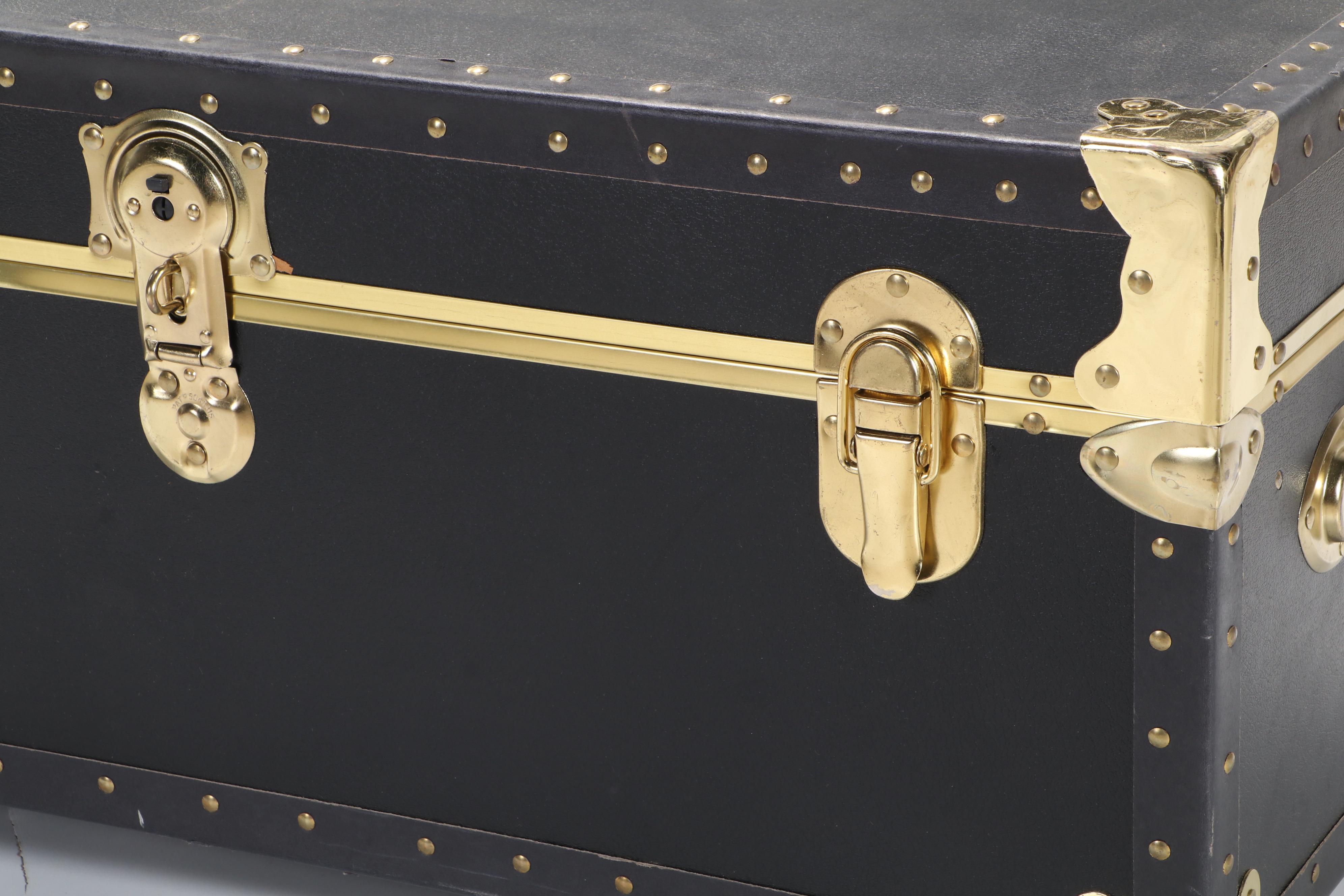 Pair of Brass-Mounted Stackable Footlockers with Collapsible Storage Racks