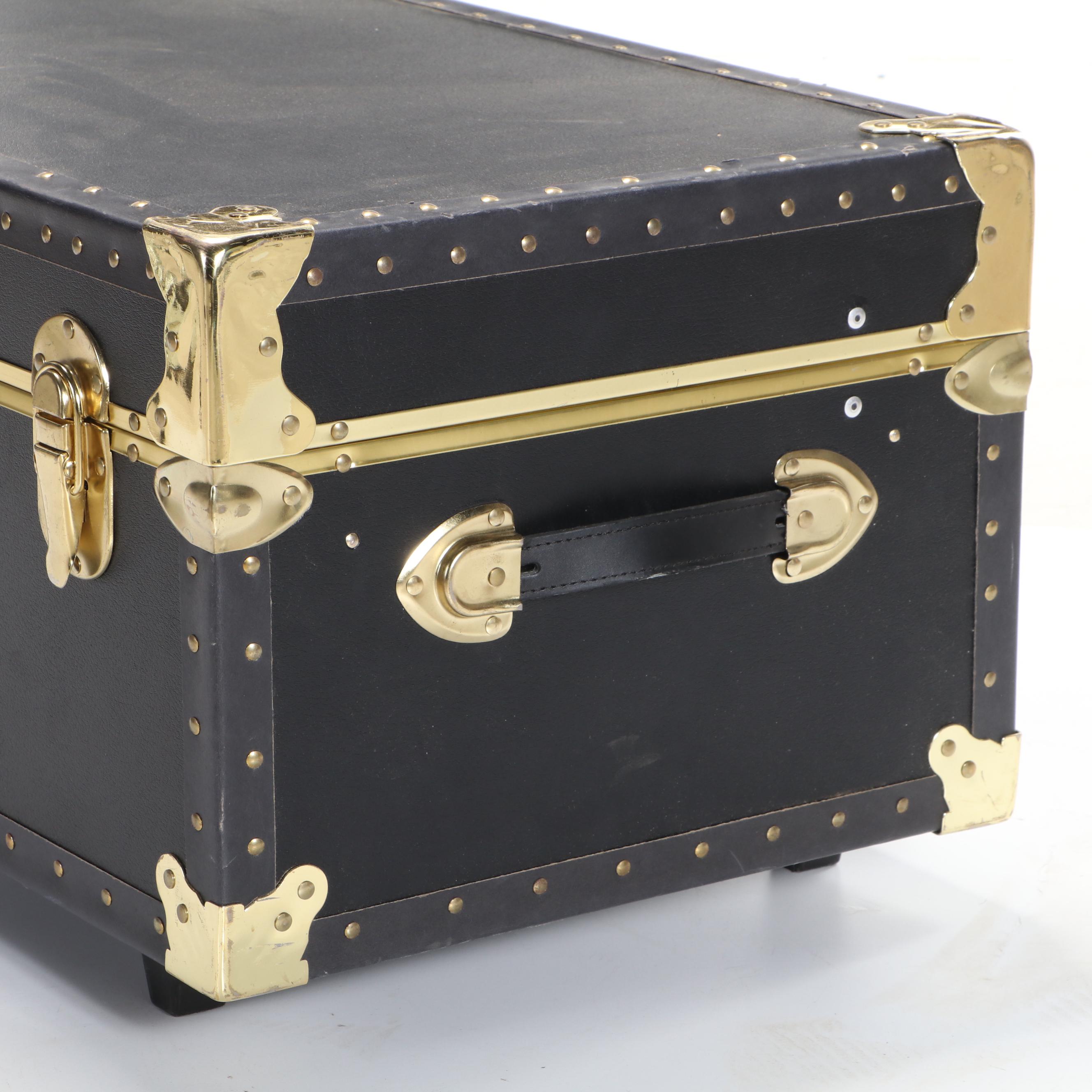 Pair of Brass-Mounted Stackable Footlockers with Collapsible Storage Racks