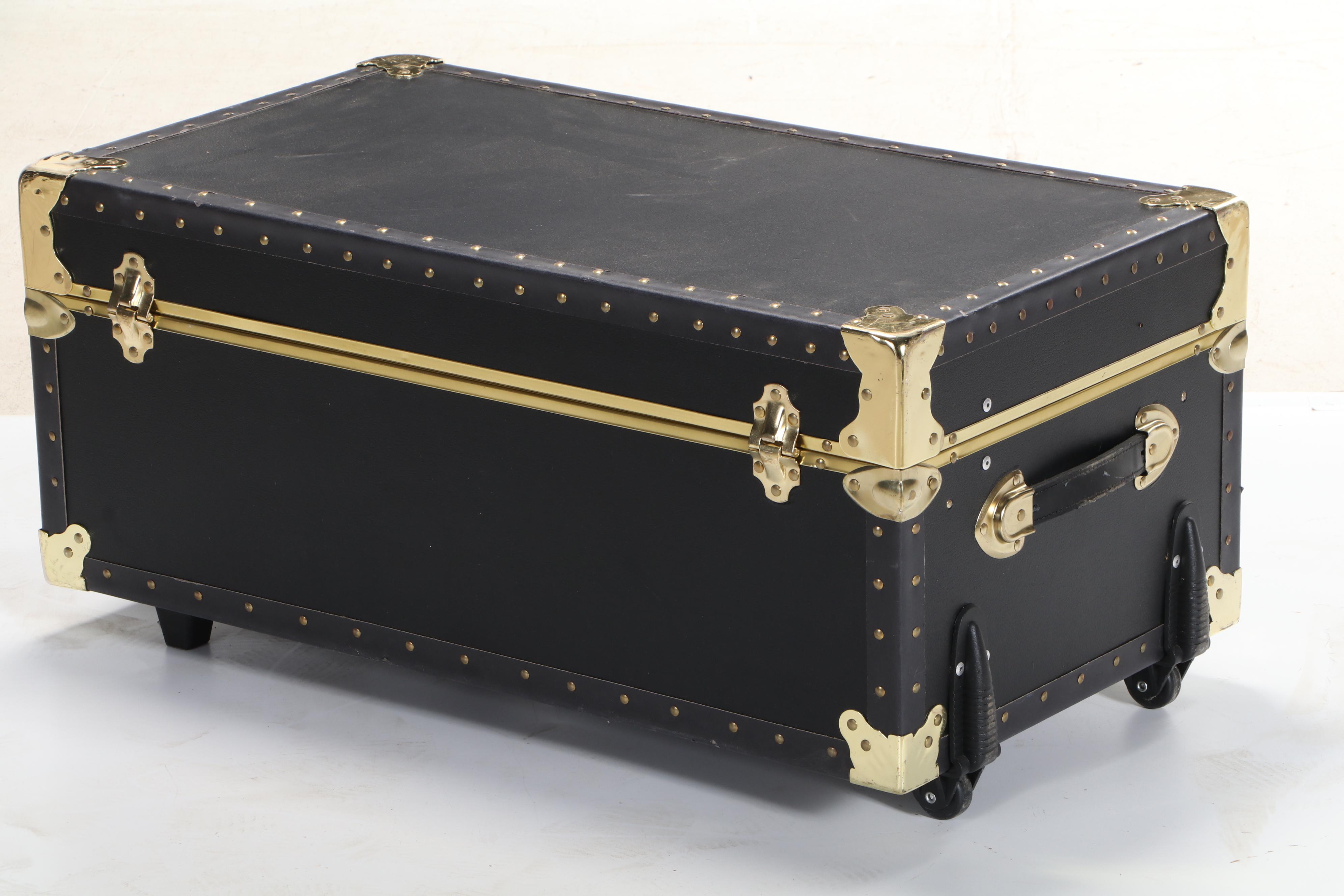 Pair of Brass-Mounted Stackable Footlockers with Collapsible Storage Racks