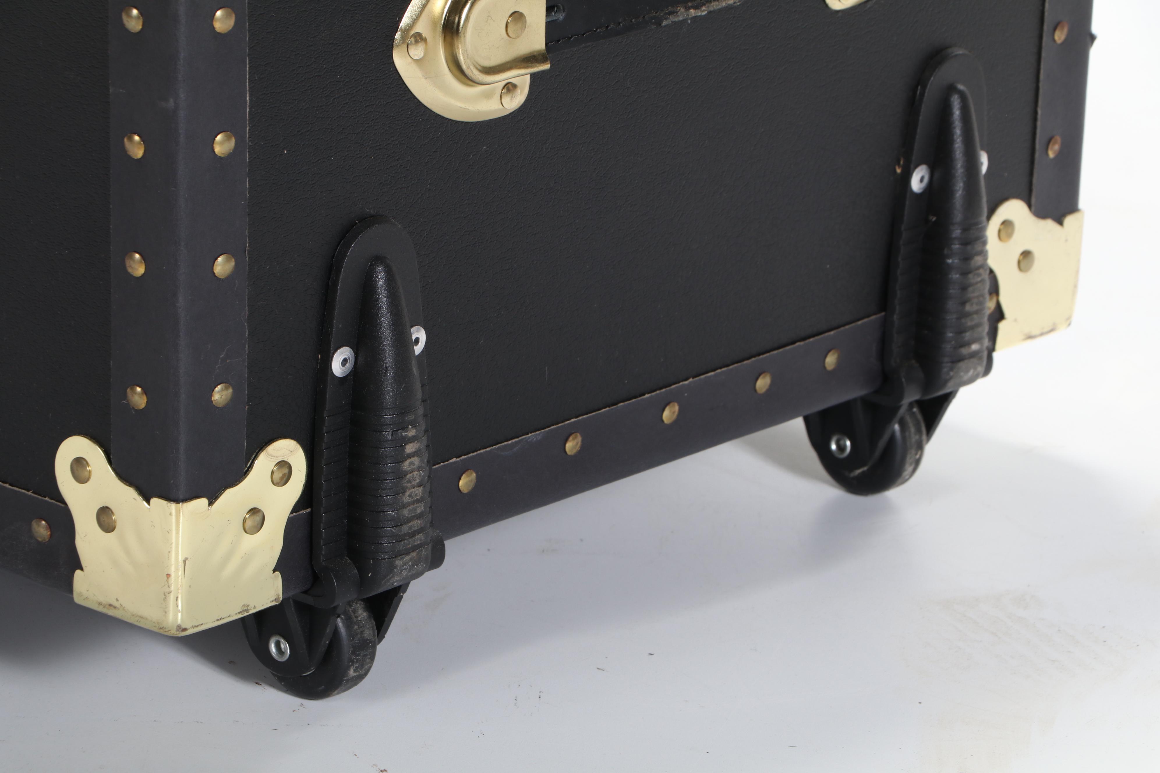 Pair of Brass-Mounted Stackable Footlockers with Collapsible Storage Racks