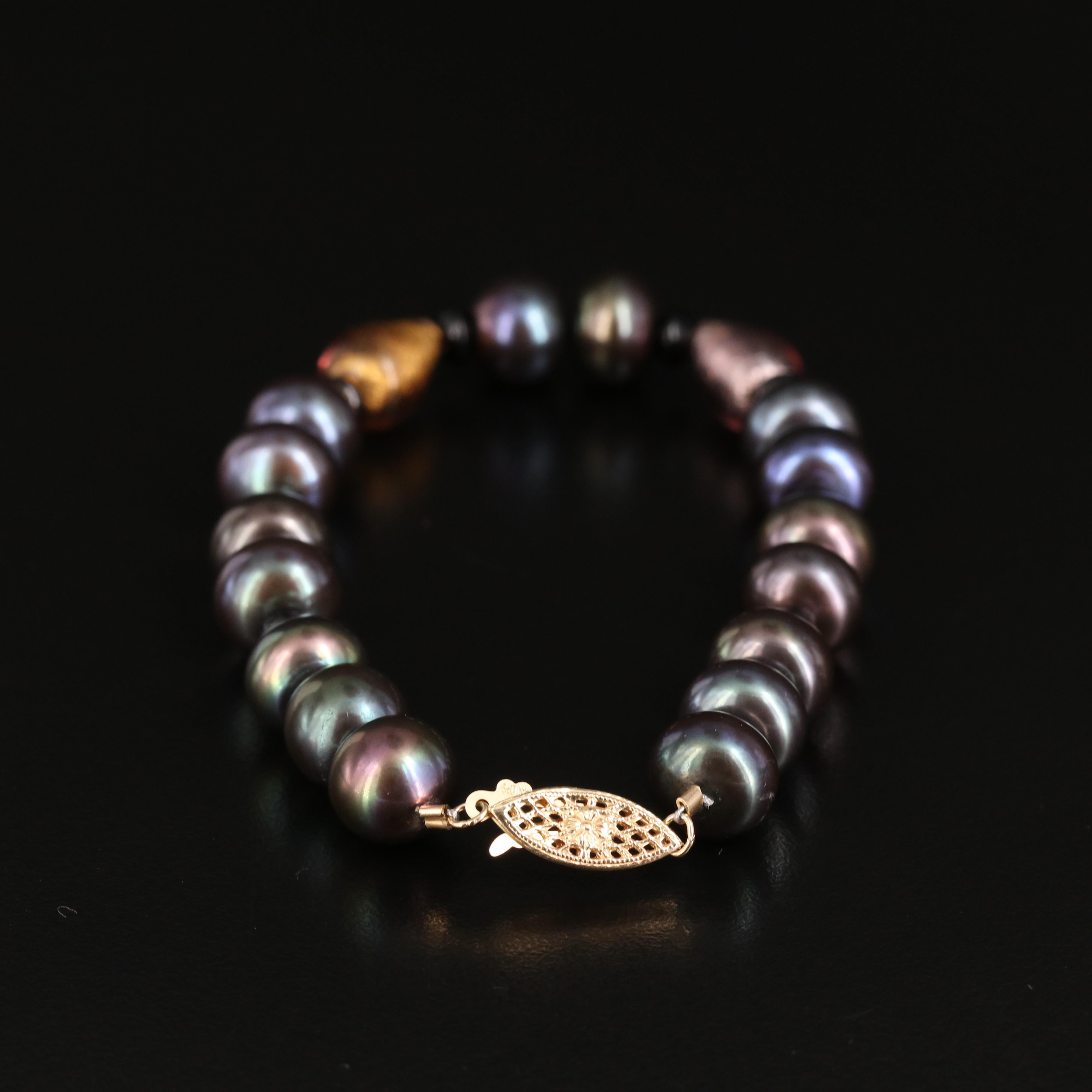 Art Glass and Pearl Bracelet with 14K Clasp