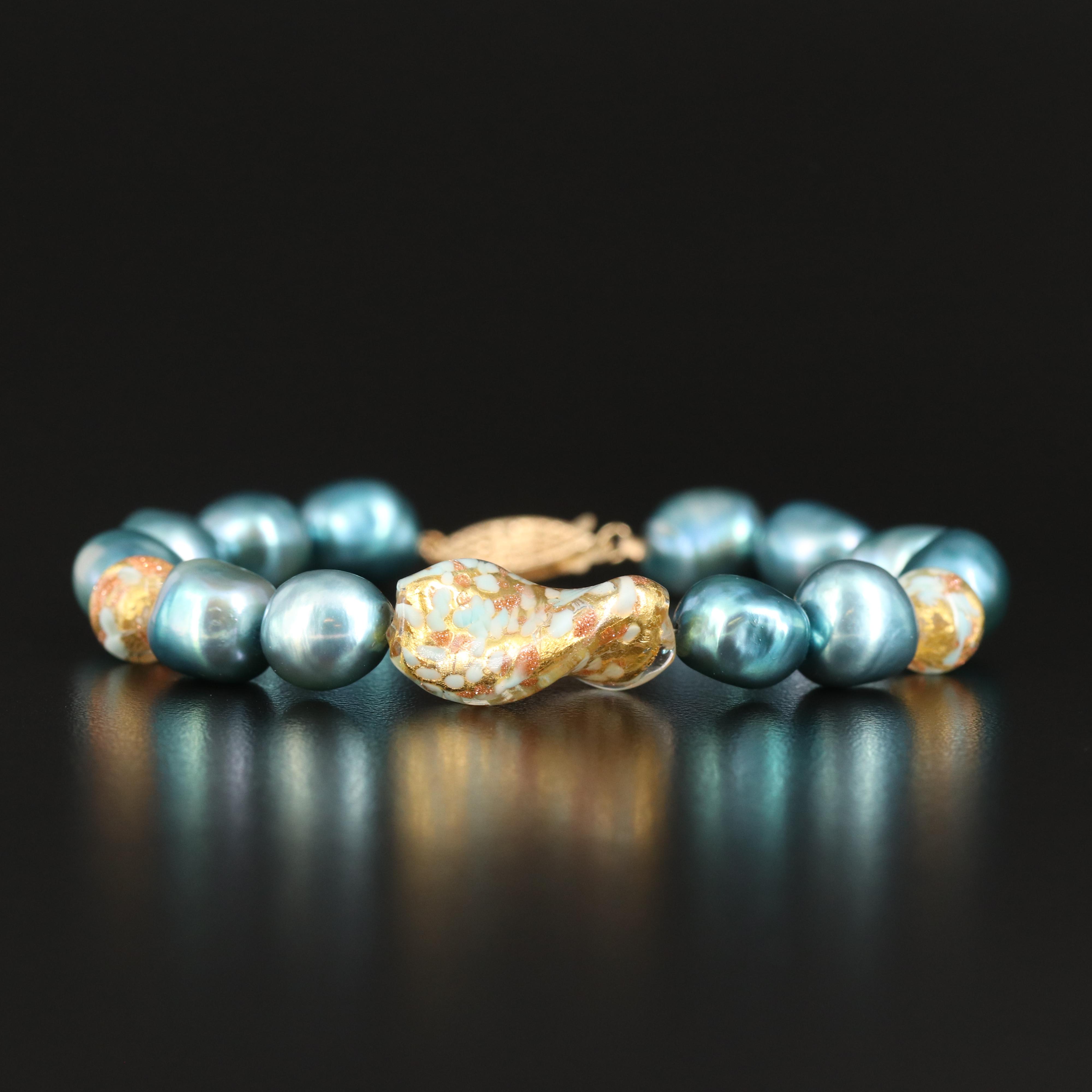Art Glass and Pearl Bracelet with 14K Clasp