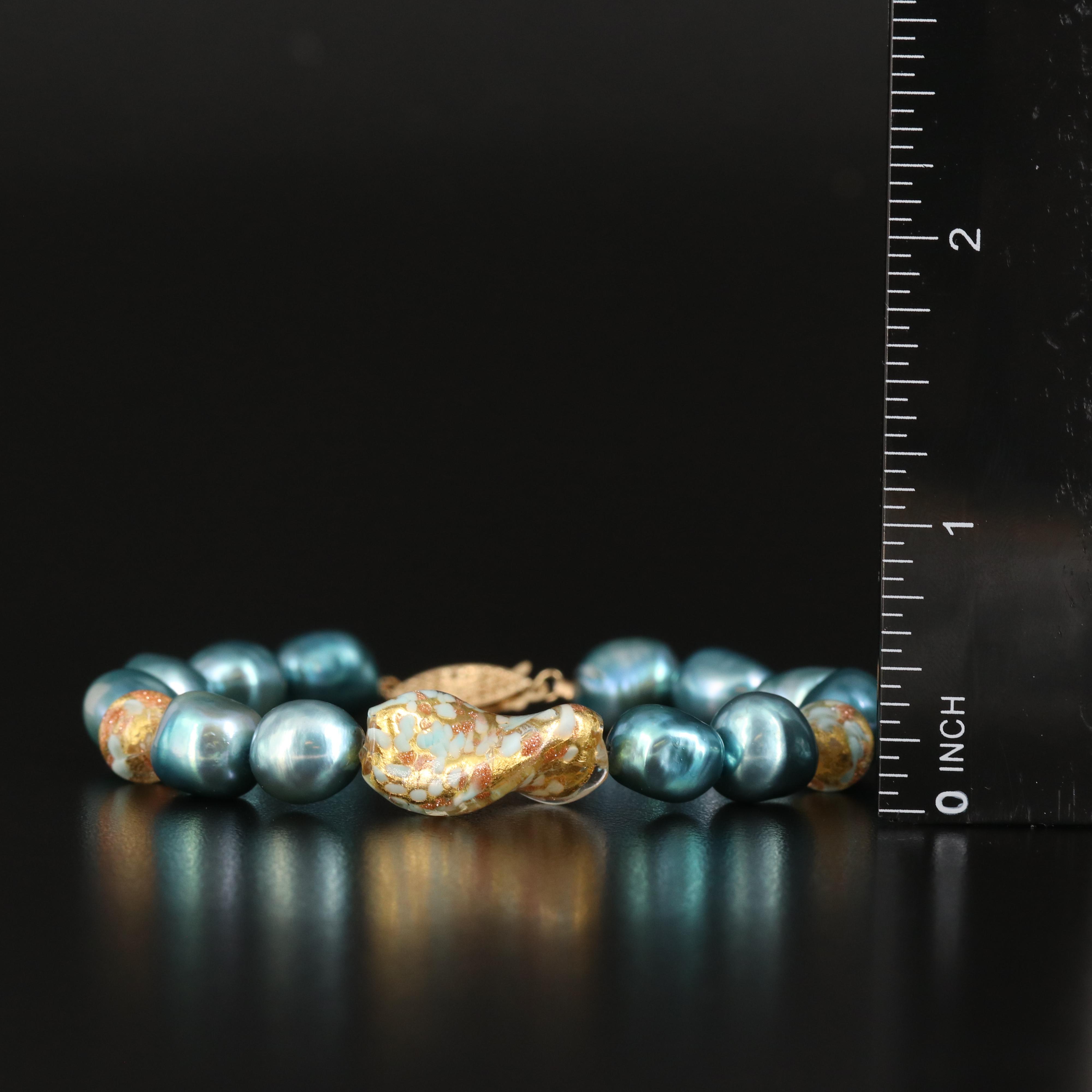 Art Glass and Pearl Bracelet with 14K Clasp
