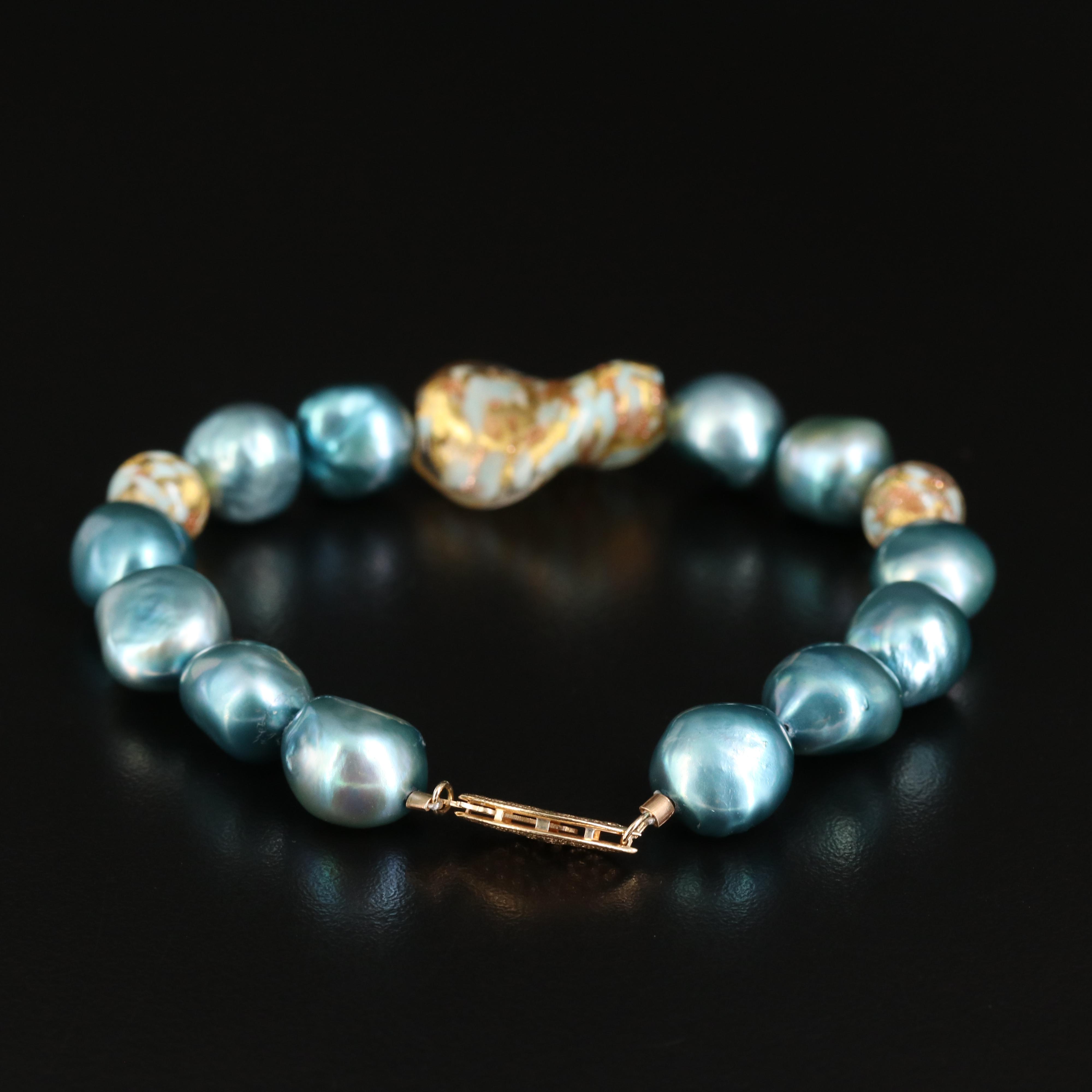 Art Glass and Pearl Bracelet with 14K Clasp