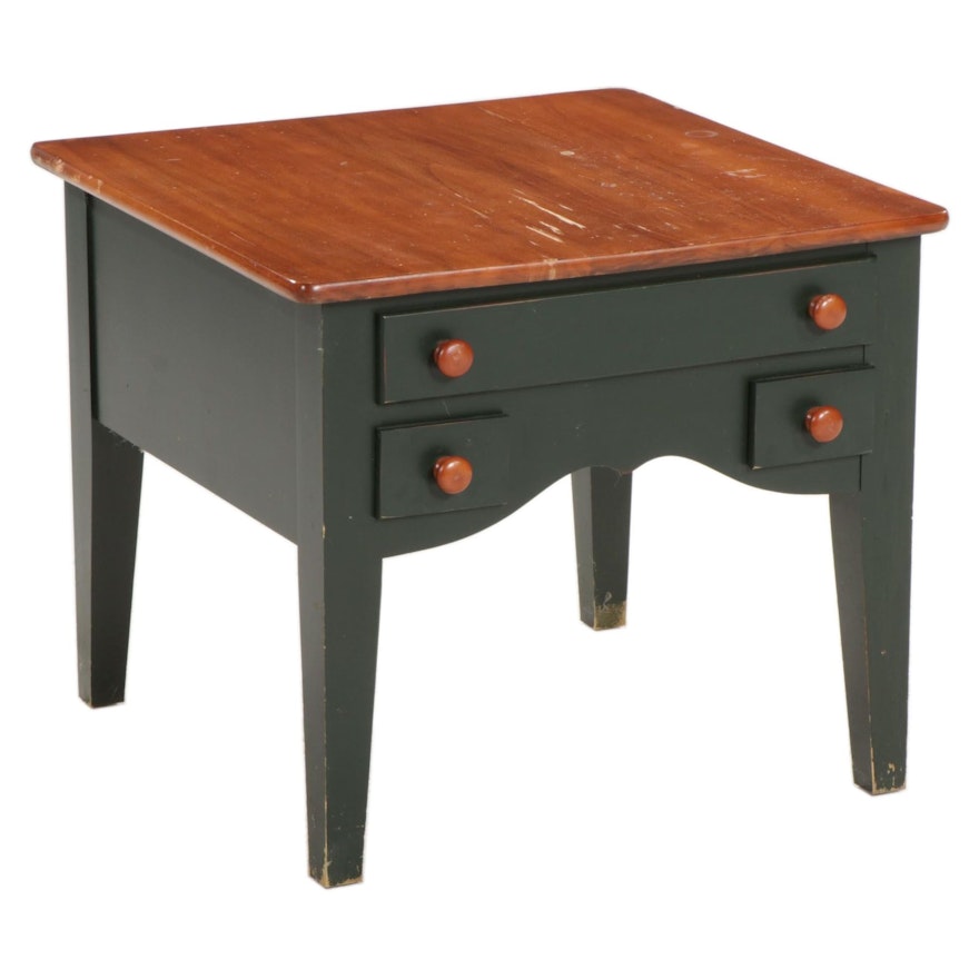 Primitive Style Green-Painted and Maple Top End Table with Drawers