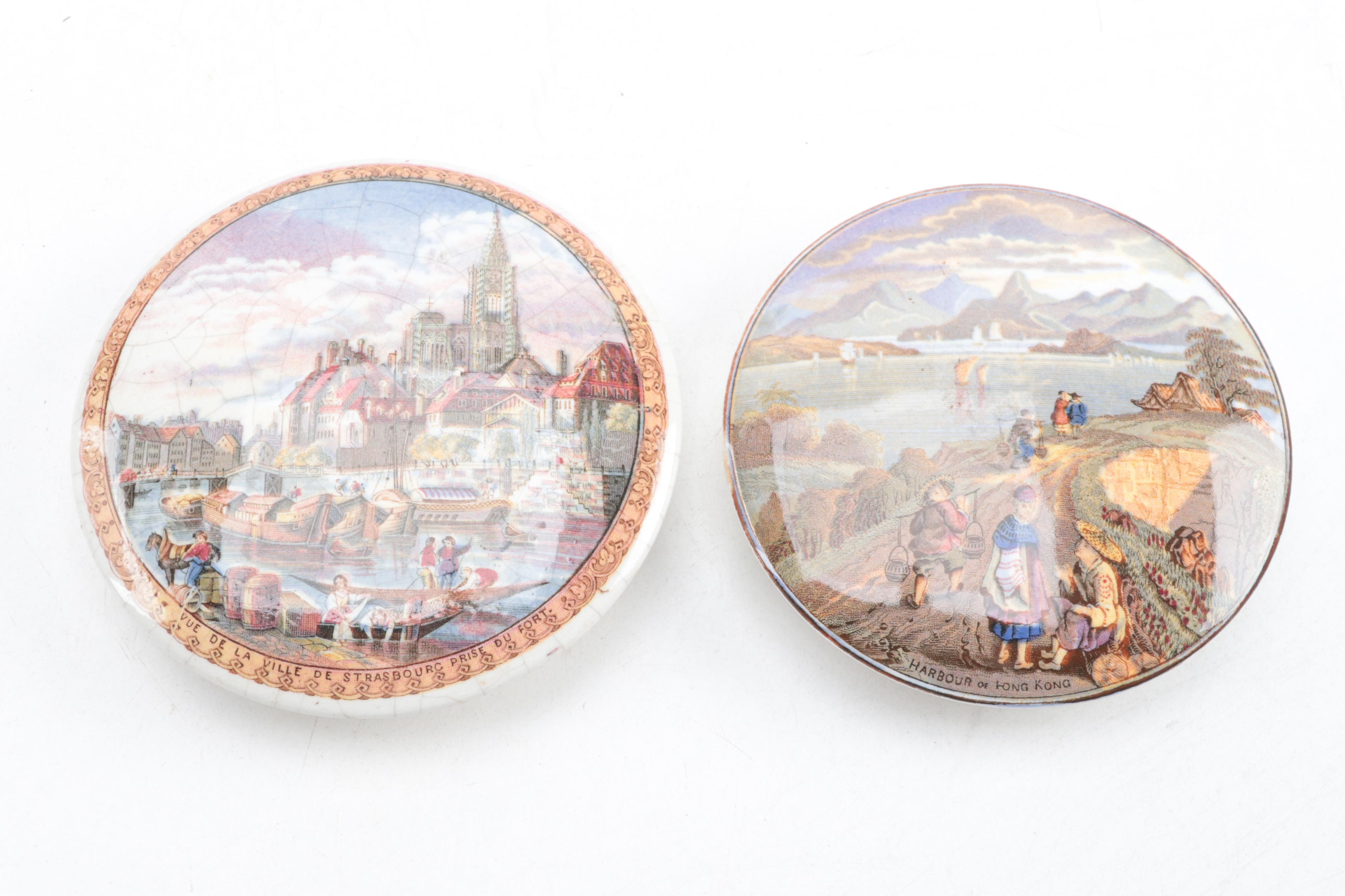 Three Prattware Pot Lids of Port Scenes and One with a Portrait of Garibaldi